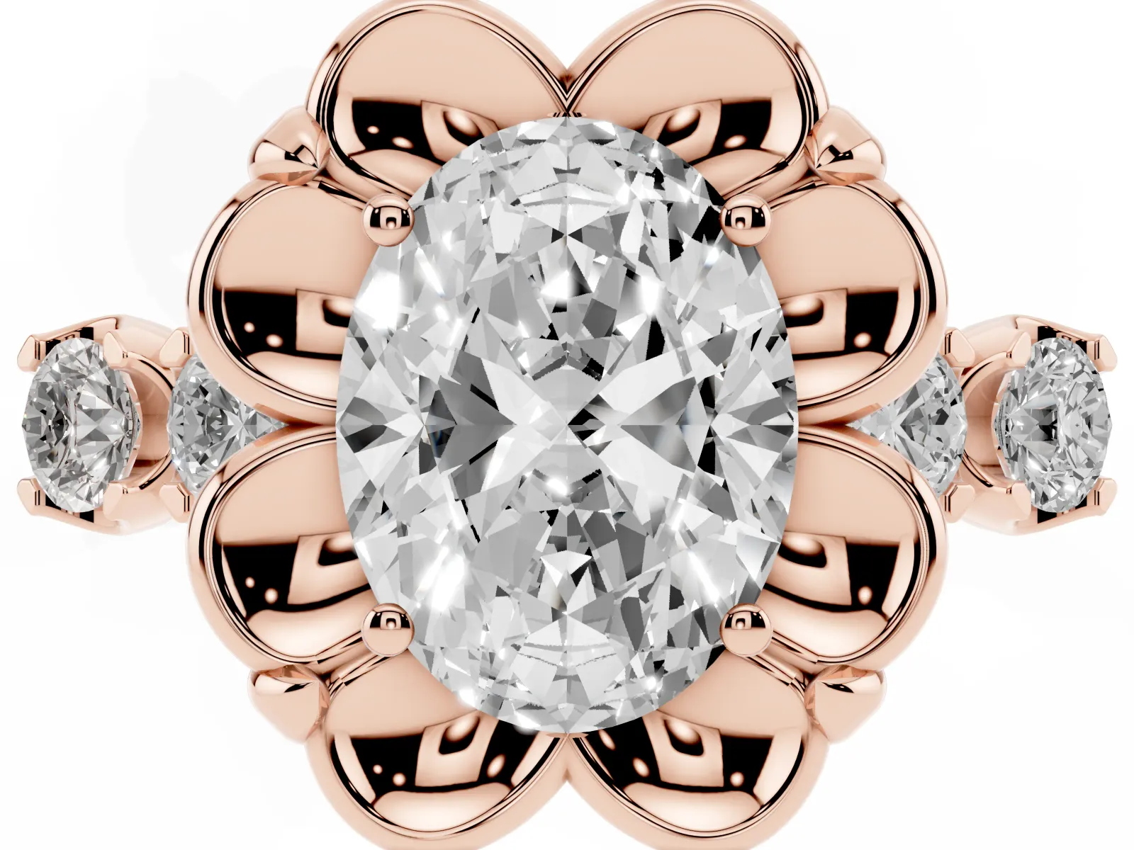 Oval Cut Cut Diamond Floral Halo Engagement Ring with Shared Prong Setting Rose gold