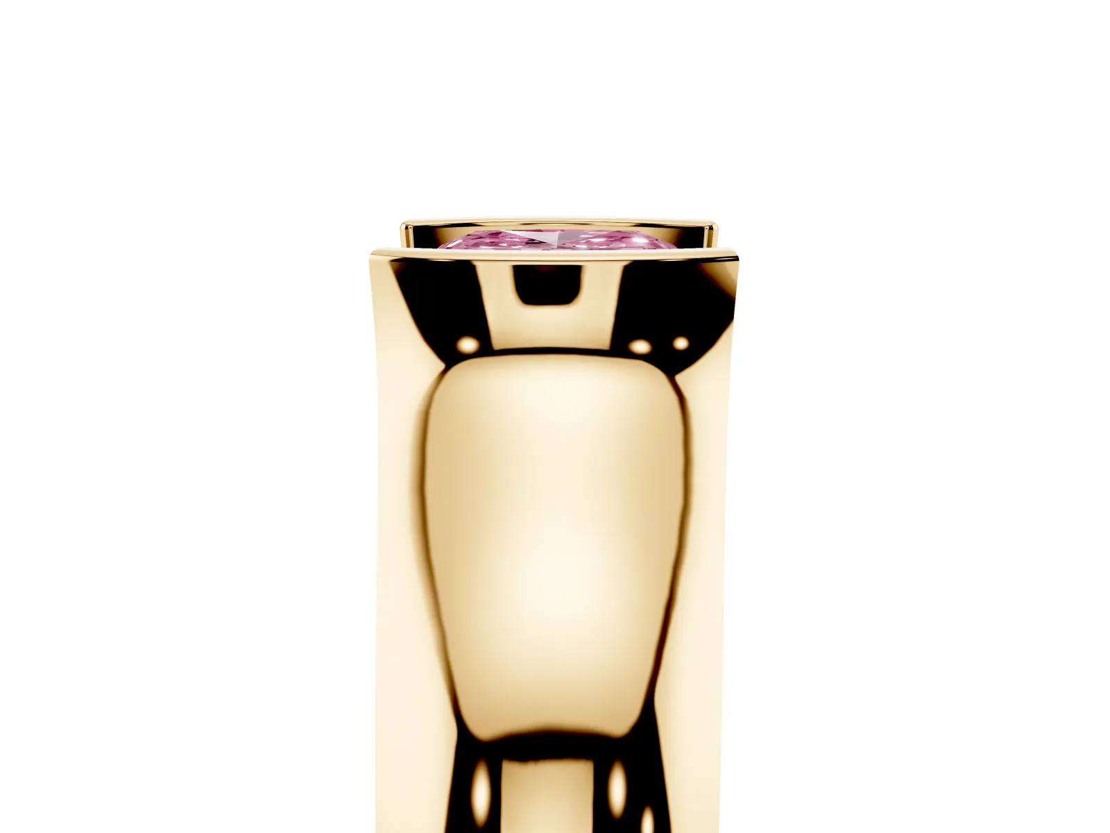 Fancy Pink Cushion Cut Solitaire Bezel Set Diamond Ring with Wide Band Yellow gold