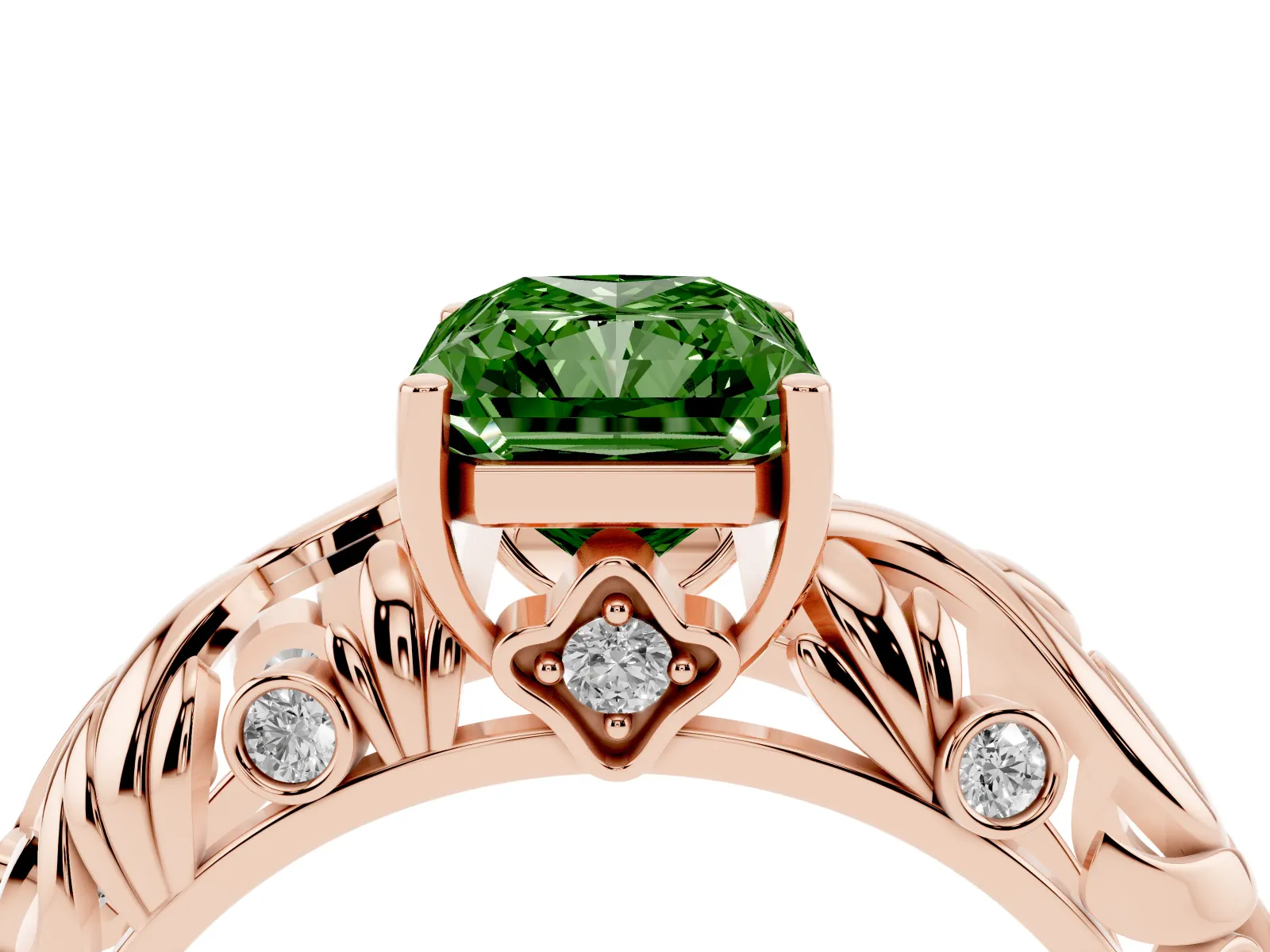 Fancy Green Radiant Cut Solitaire Diamond Leaf-Inspired Vine Band Ring with Prong Setting Rose gold