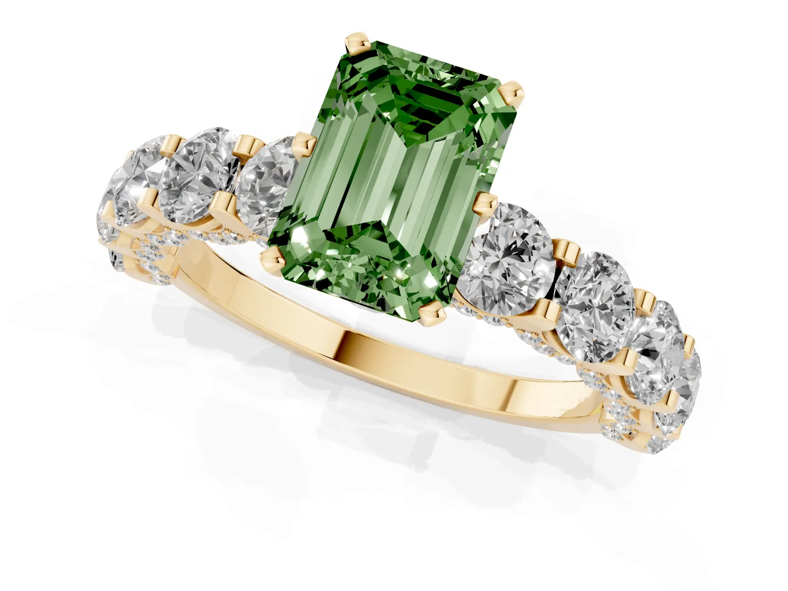 Fancy Green Emerald Cut Diamond Side Stone Engagement Ring with Four-Prong Setting Yellow gold