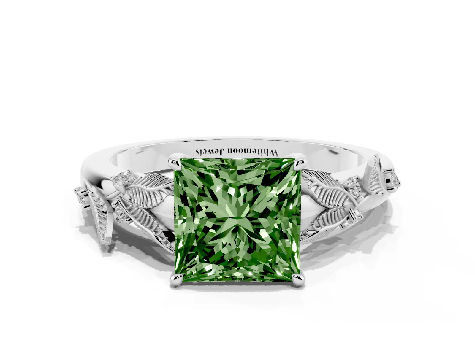 Fancy Green Princess Cut Diamond Solitaire Ring with Leaf Motif Band and Four-Prong Setting Platinum