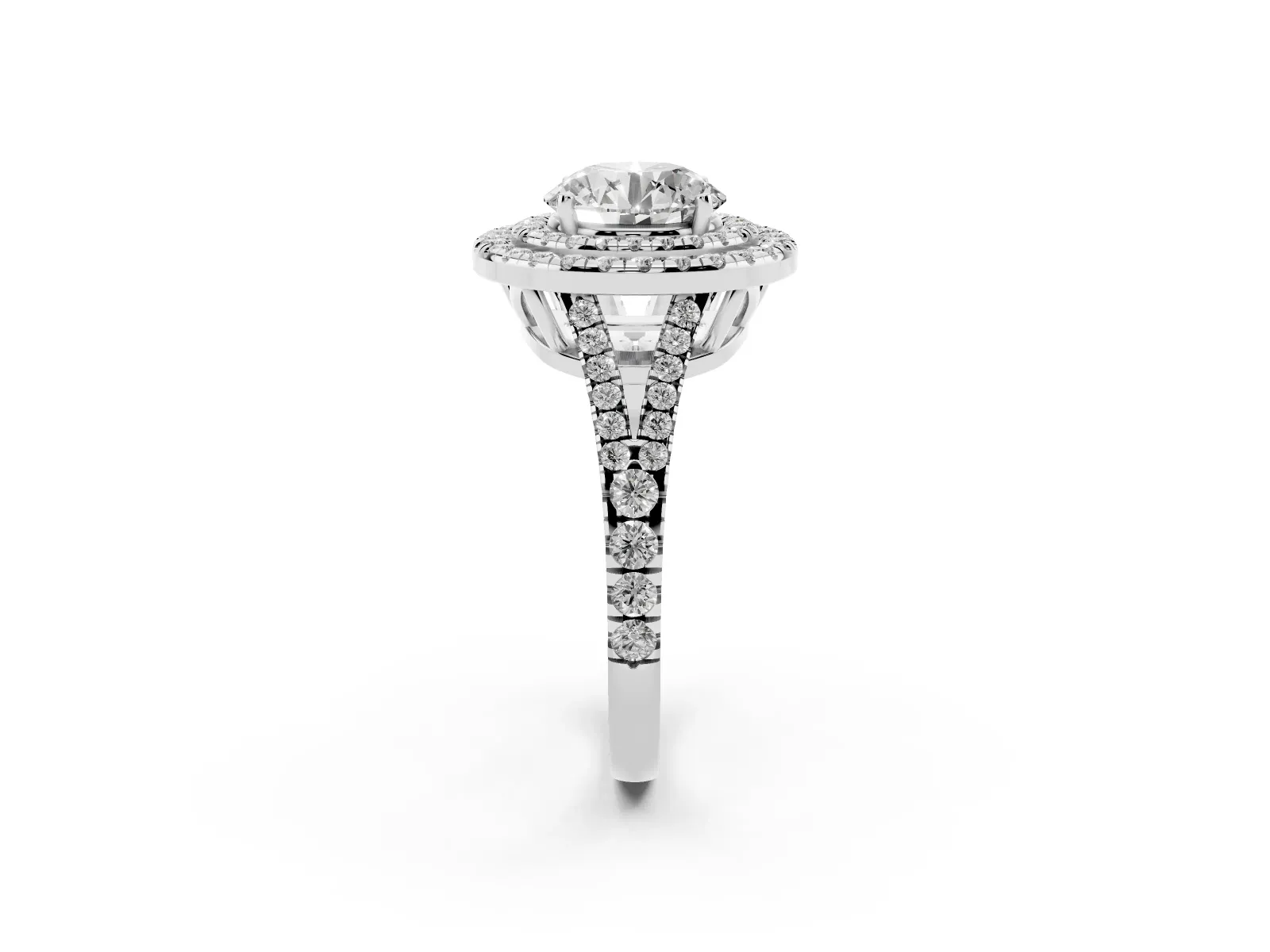 Round Cut Diamond Double Halo Ring with Pavé Band and Prong Setting Platinum
