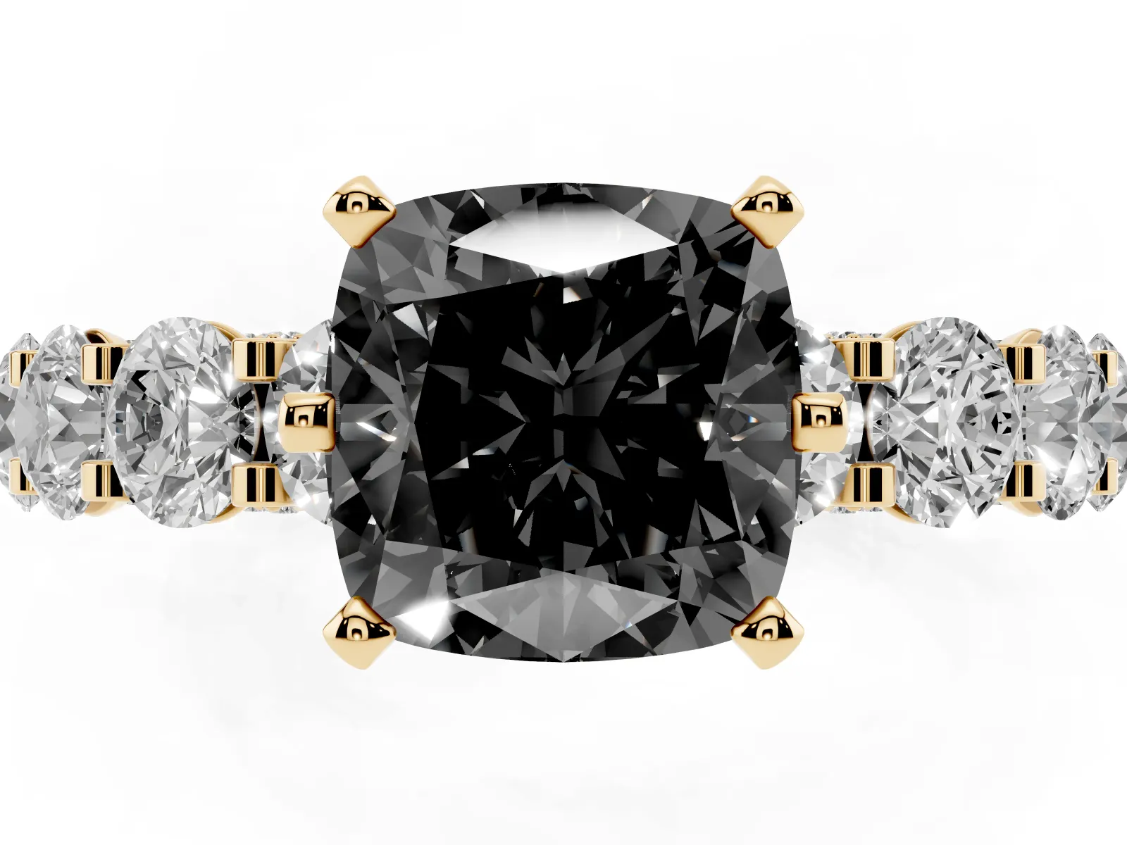 Fancy Black Cushion Cut Diamond Side Stone Engagement Ring with Four-Prong Setting Yellow gold