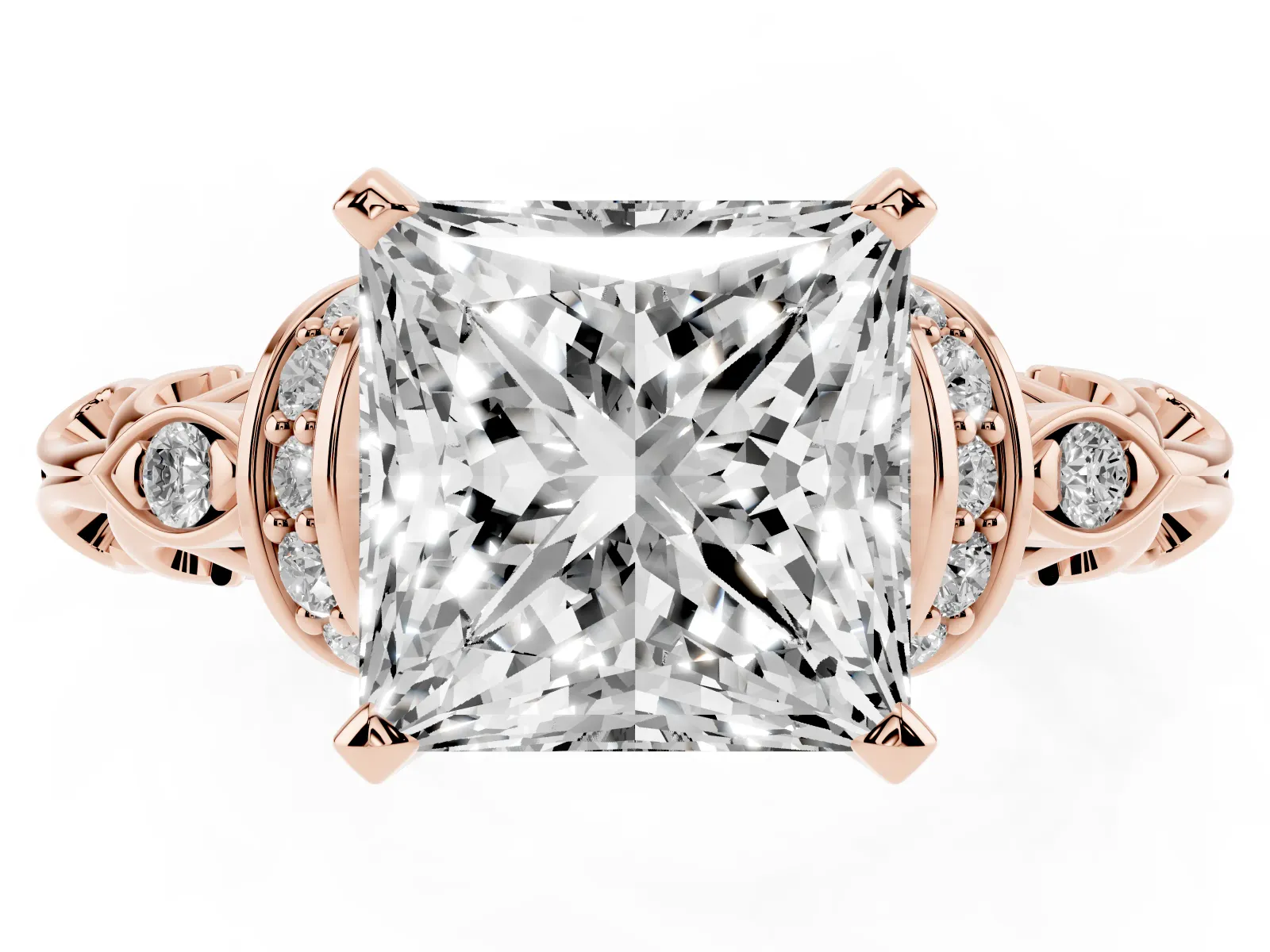 Princess Cut Diamond Solitaire Ring with Filigree Band and Four-Prong Setting Rose gold