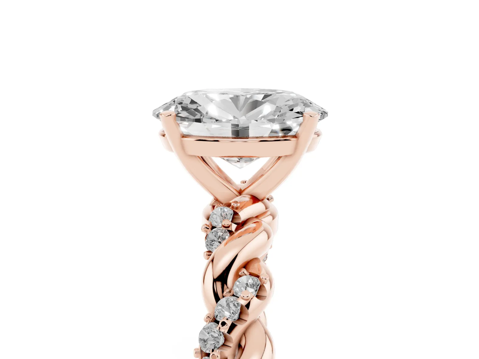 Oval Cut Diamond Solitaire Ring with Twisted Band and Pavé Accents Rose gold