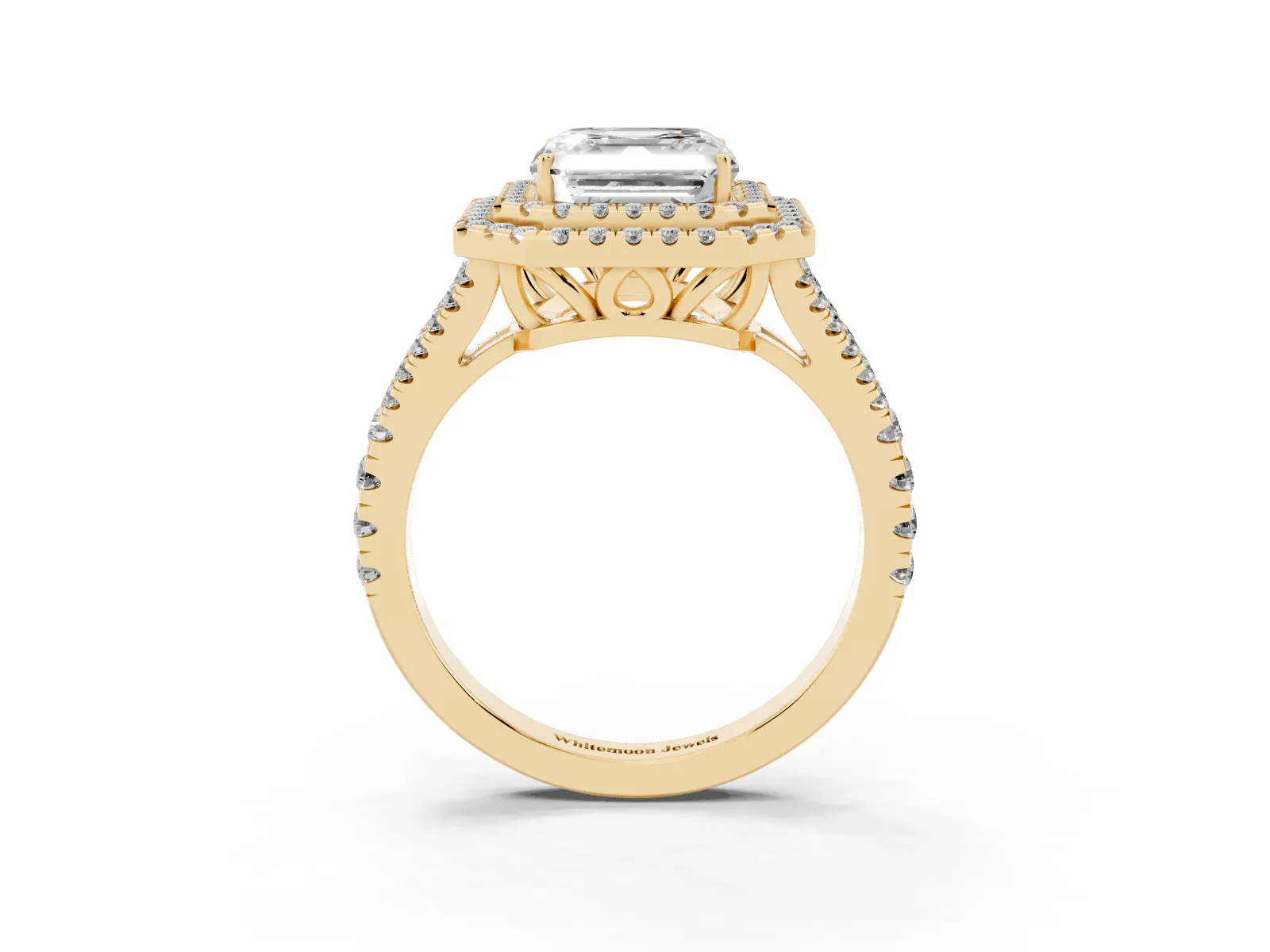 Asscher Cut Diamond Double Halo Ring with Pavé Band and Prong Setting Yellow gold