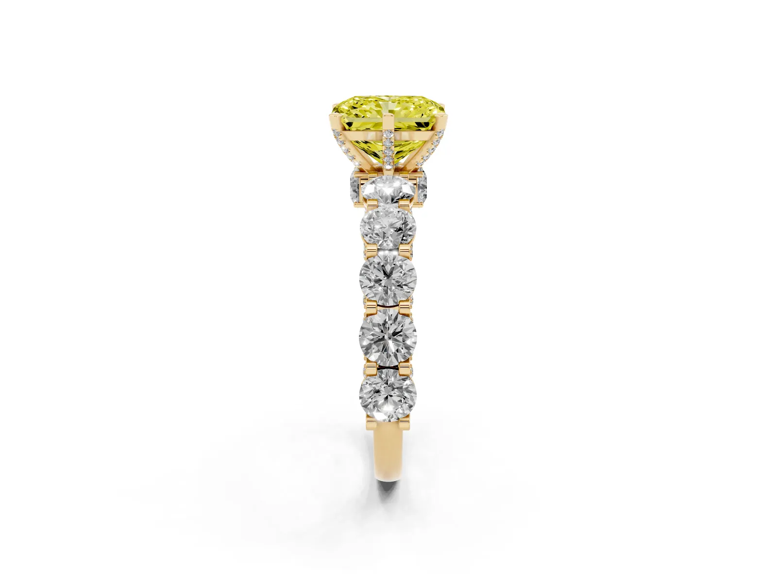 Fancy Yellow Radiant Cut Diamond Side Stone Engagement Ring with Four-Prong Setting Yellow gold