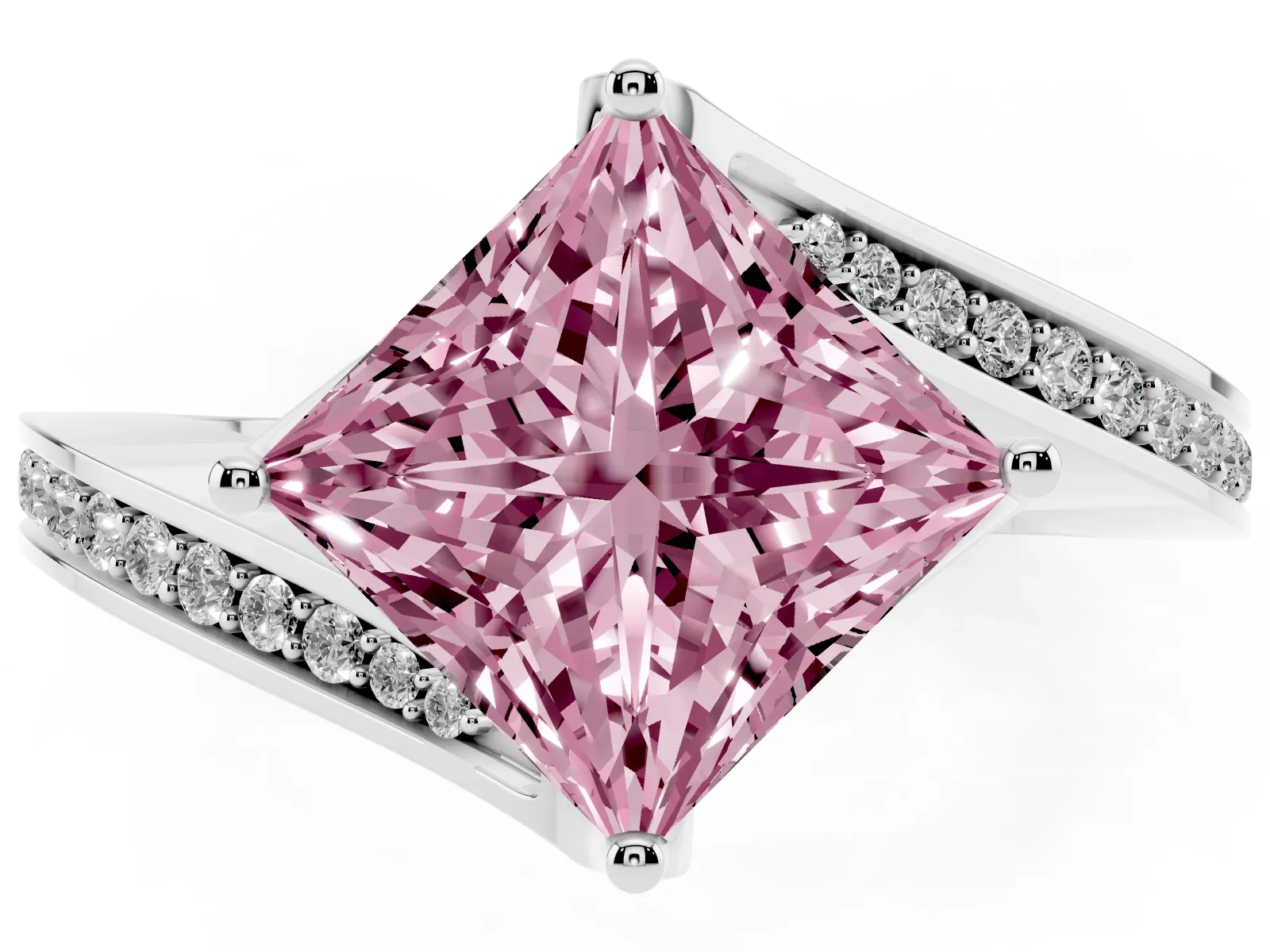 Fancy Pink Princess Cut Solitaire Diamond Twist Band with Pavé Setting and Four-Prong Setting Platinum