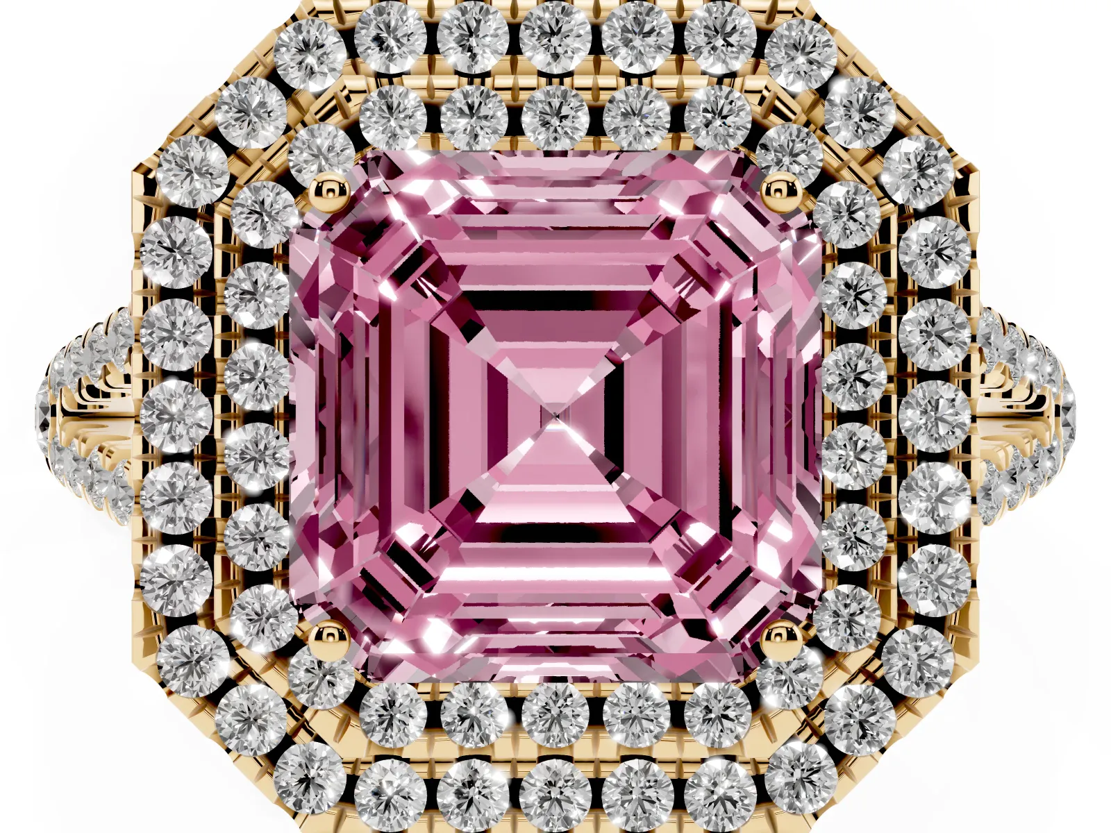 Fancy Pink Asscher Cut Diamond Double Halo Ring with Pavé Band and Prong Setting Yellow gold