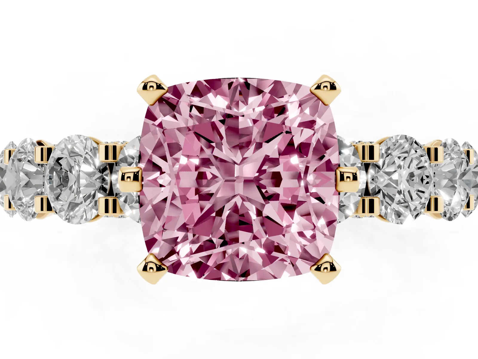 Fancy Pink Cushion Cut Diamond Side Stone Engagement Ring with Four-Prong Setting Yellow gold
