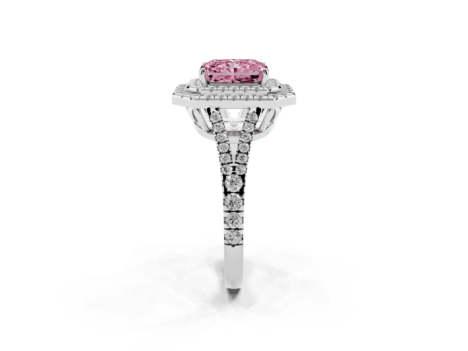 Fancy Pink Radiant Cut Diamond Double Halo Ring with Pavé Band and Prong Setting Platinum