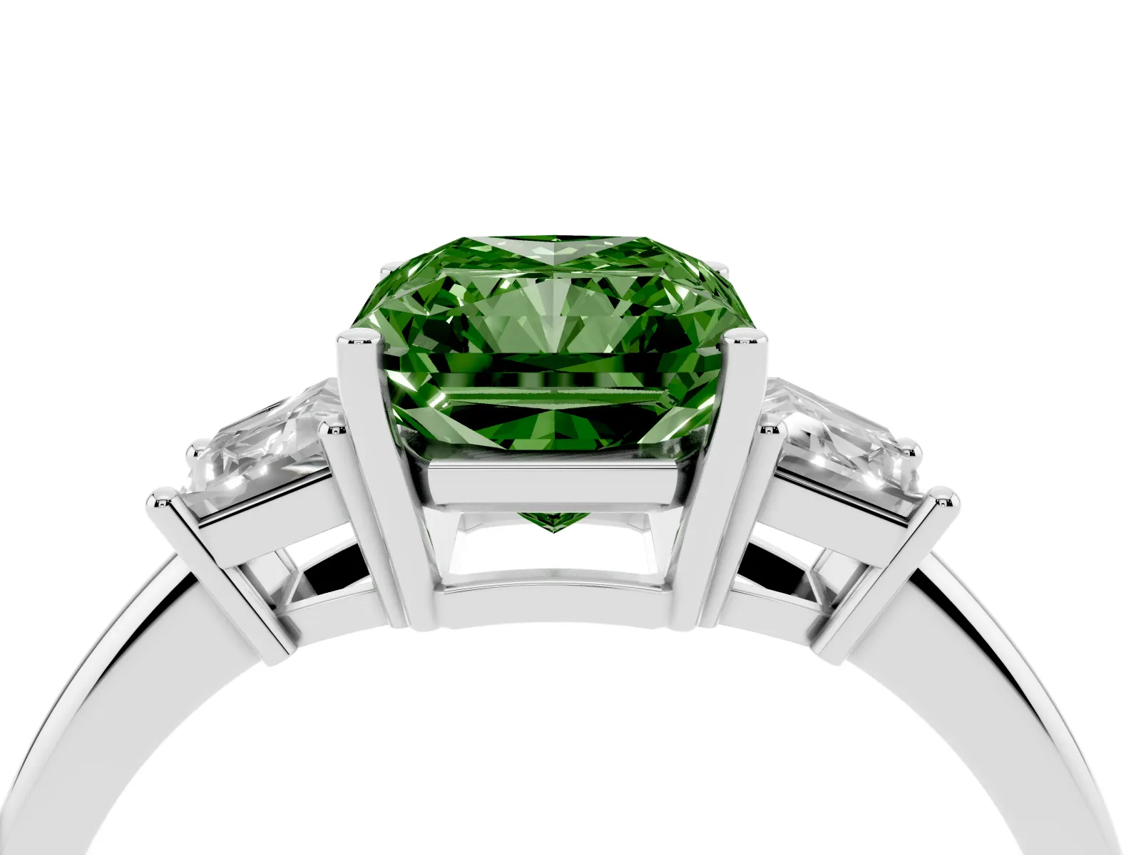 Fancy Green Radiant Cut Diamond Three-Stone Ring with Trapezoid Side Stones and Prong Setting Platinum