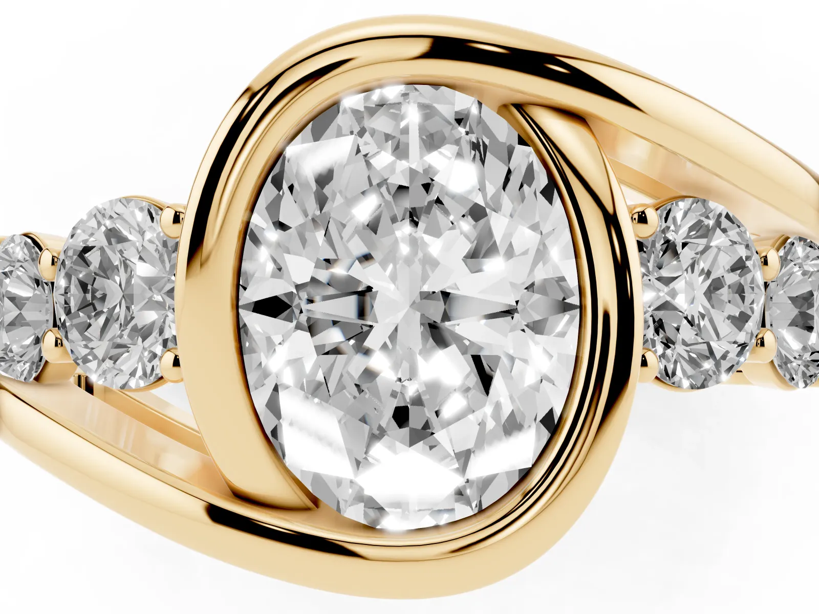Bezel Set Oval Cut Diamond Bypass Ring with Round Accents Yellow gold