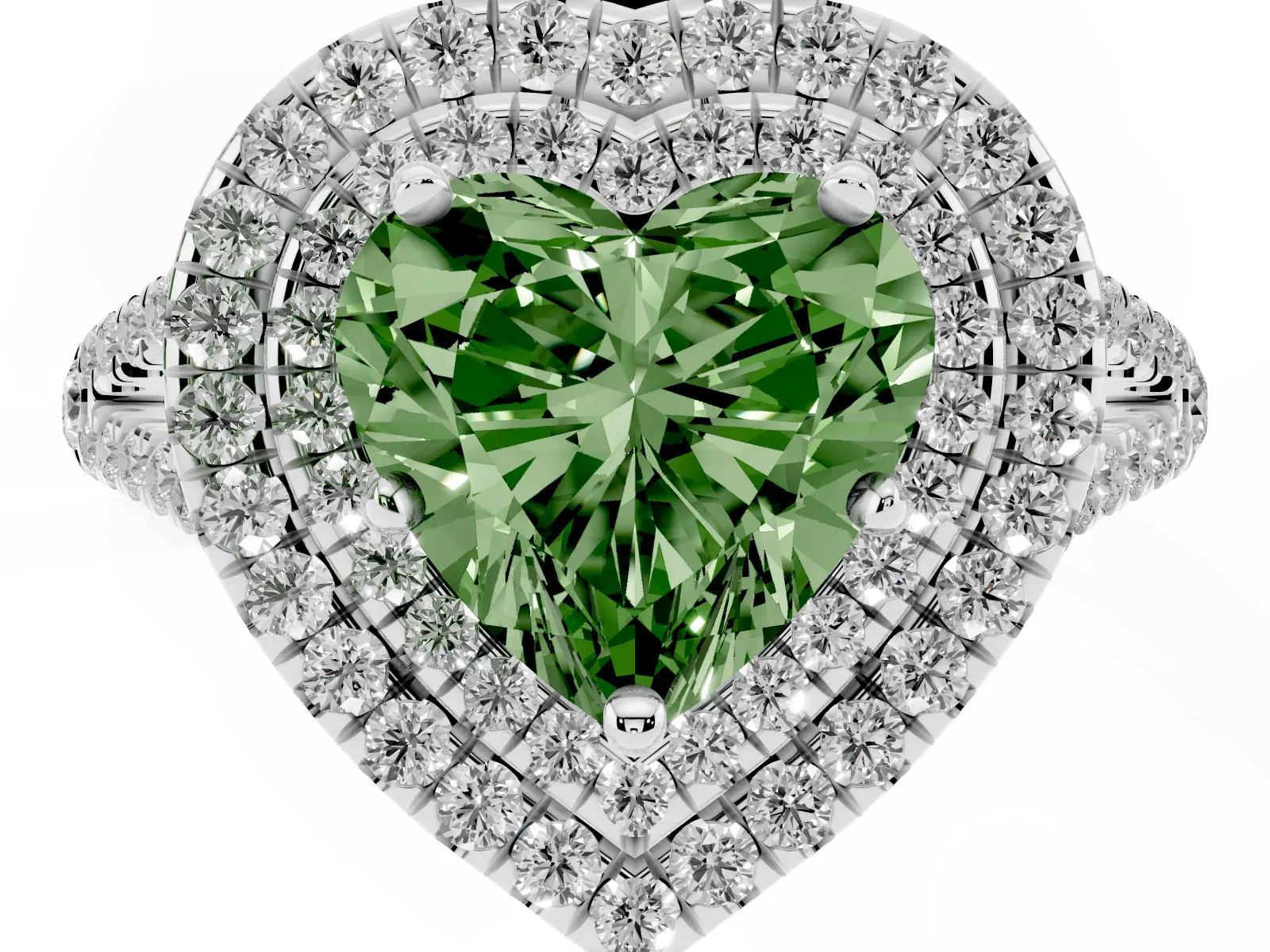 Fancy Green Heart Cut Diamond Double Halo Ring with Pavé Band and Prong Setting Platinum