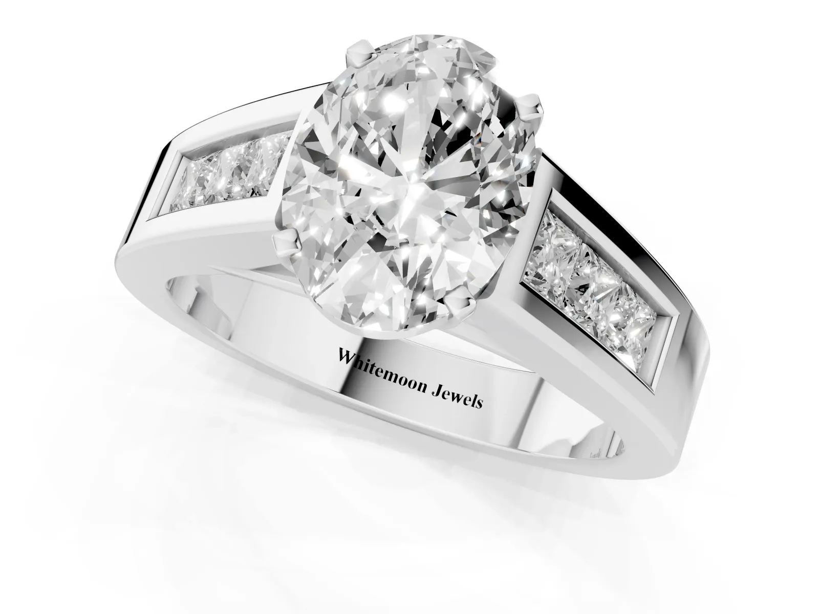 Oval Cut Cut Channel Set Solitaire Ring with Four-Prong Setting Platinum