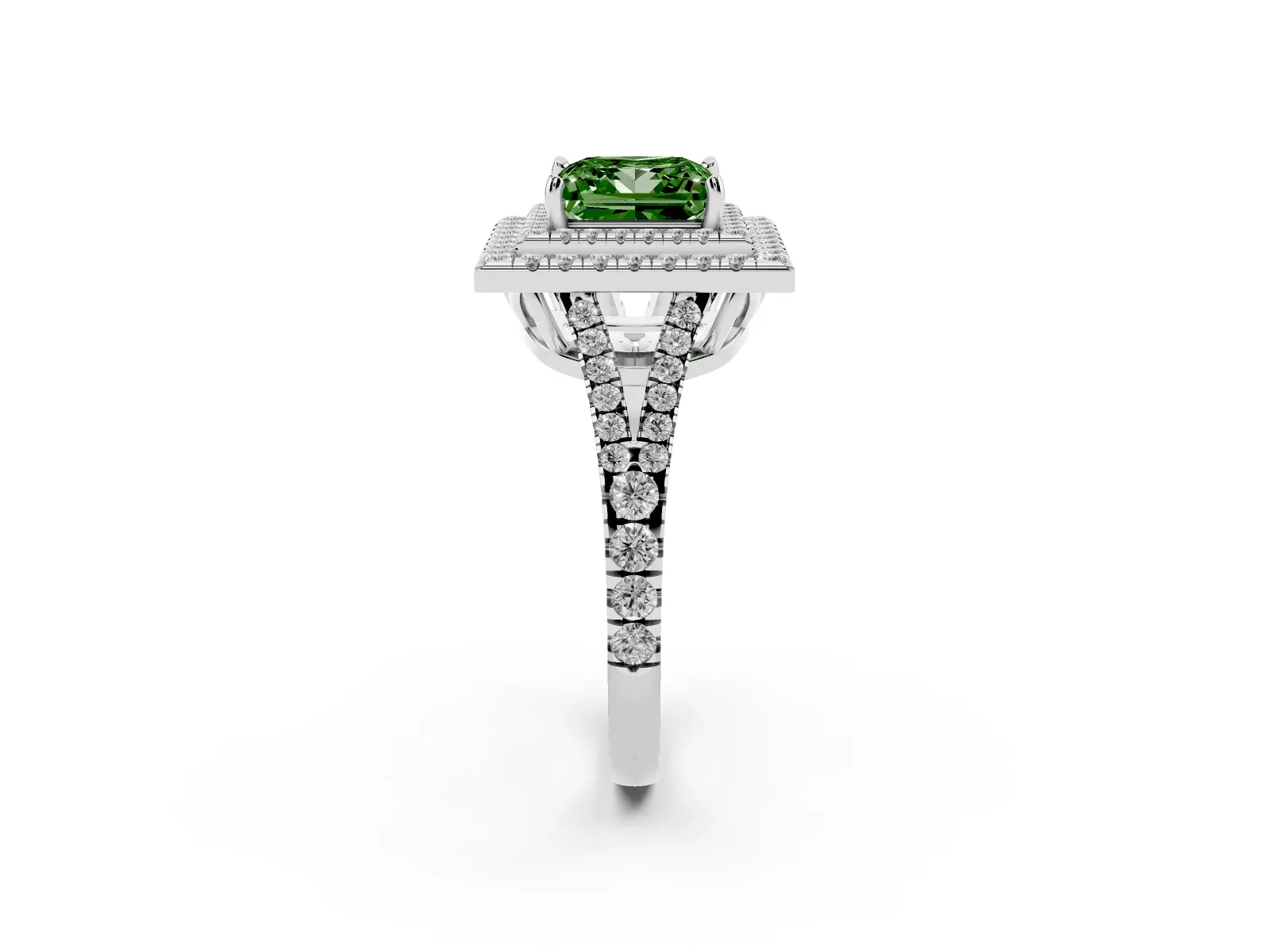 Fancy Green Princess Cut Diamond Double Halo Ring with Pavé Band and Prong Setting Platinum