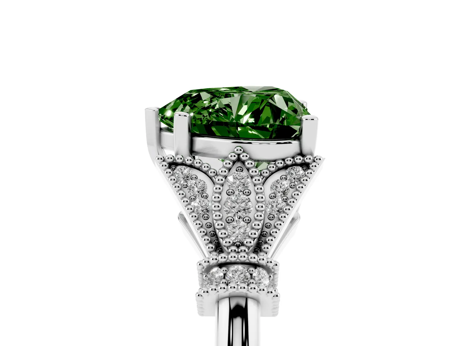Fancy Green Heart Cut Diamond Solitaire Ring with Floral Filigree and Pave Accents Platinum