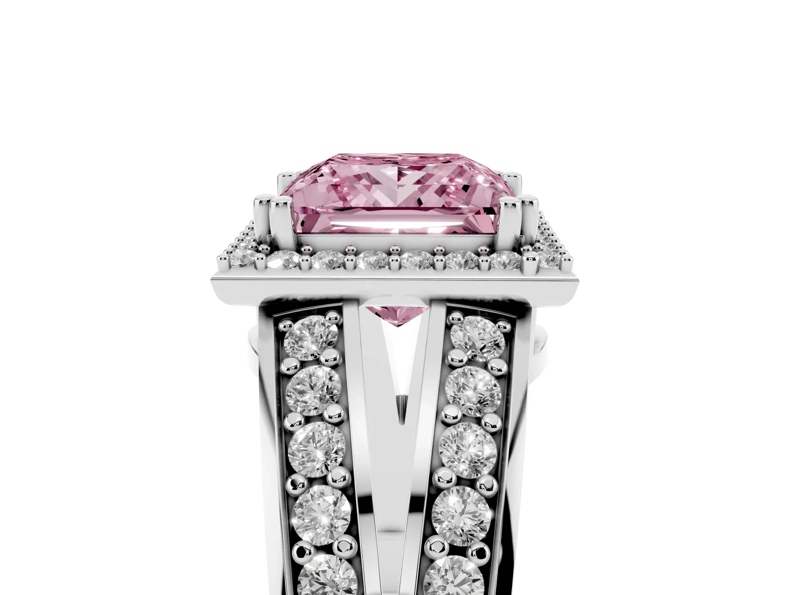 Fancy Pink Princess Cut Diamond Halo Ring with Split Shank Pavé Band and Four-Prong Setting Platinum