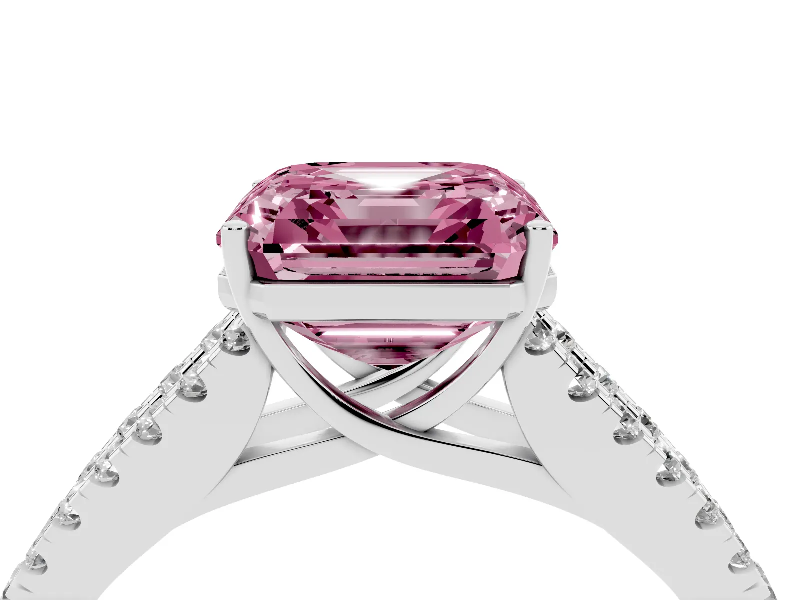 Fancy Pink Asscher Cut Diamond Split Shank Engagement Ring with Round Pavé and Prong Setting White gold