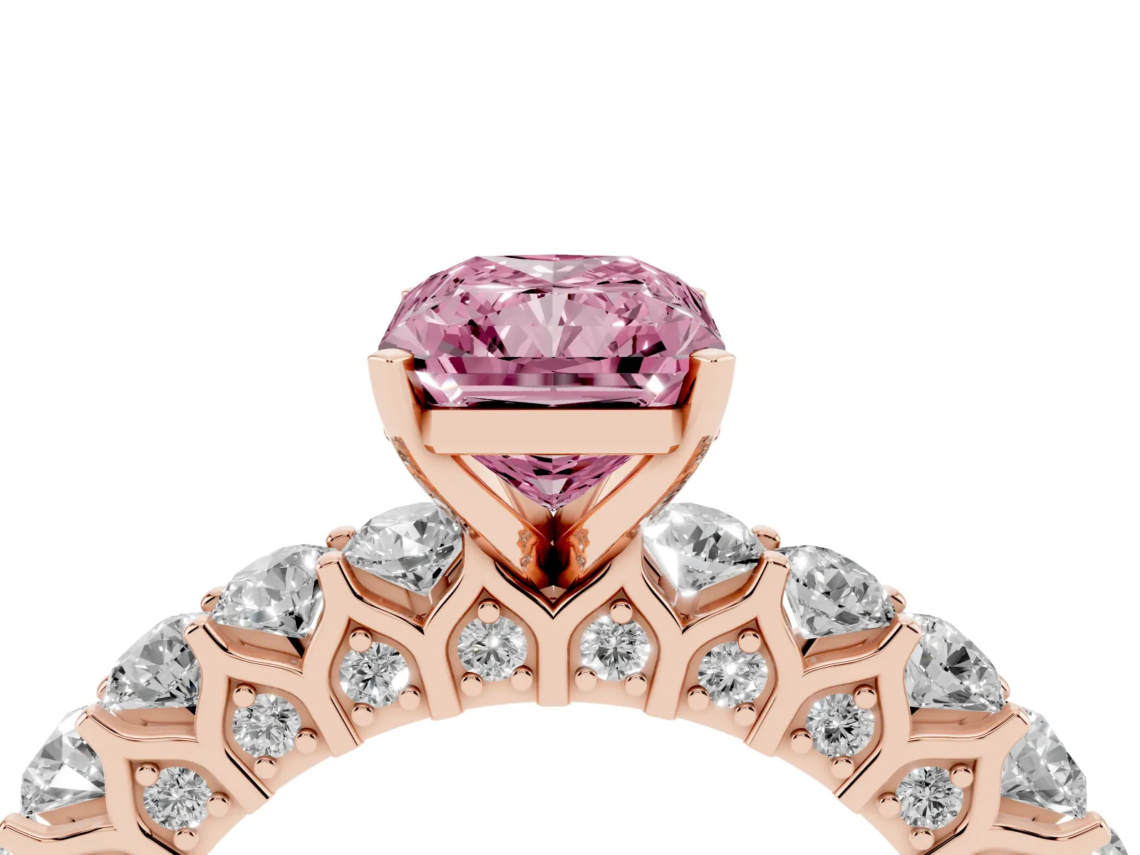 Fancy Pink Radiant Cut Diamond Solitaire Ring with Shared Prong Pavé Band and Four-Prong Setting Rose gold
