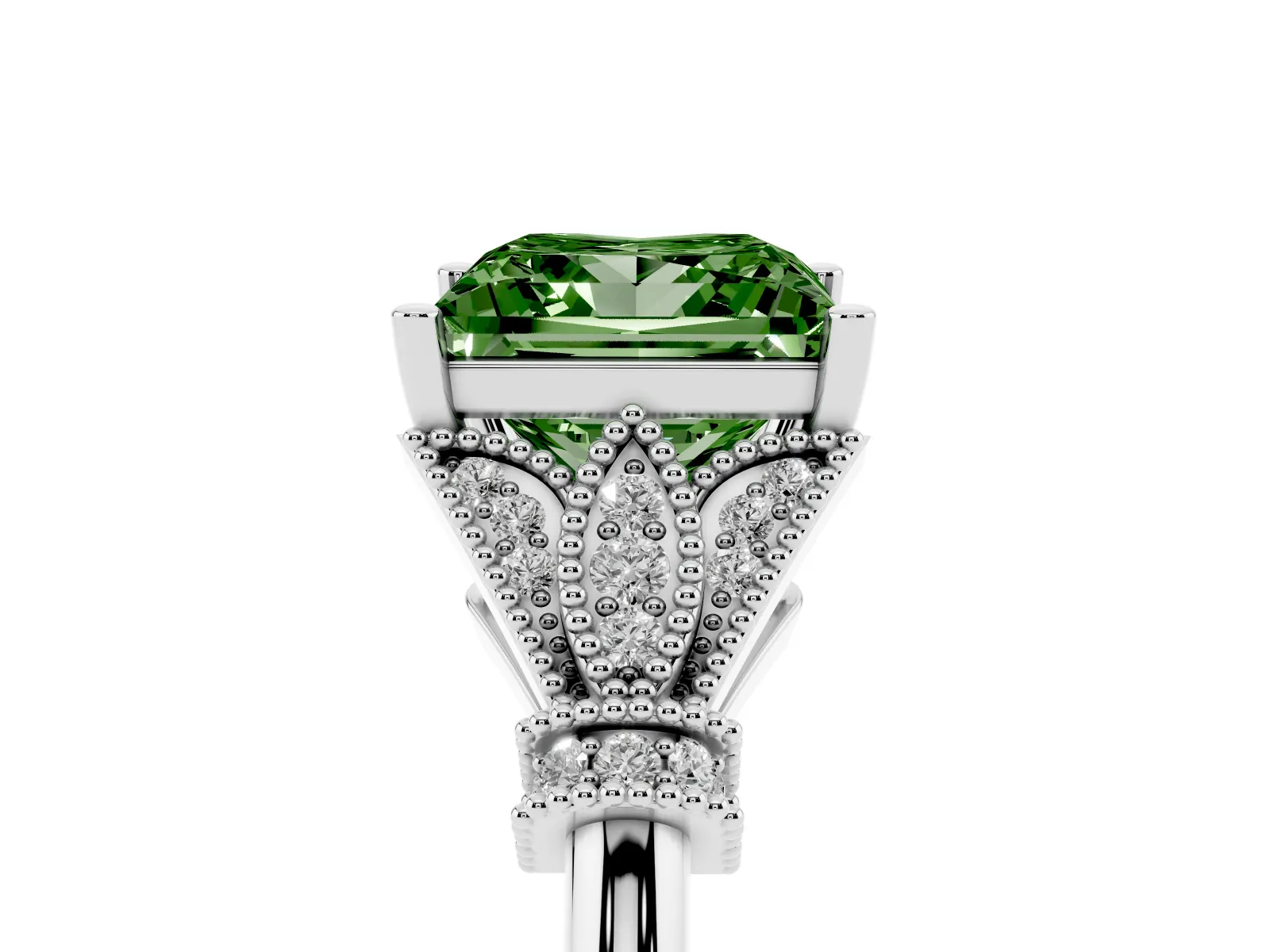 Fancy Green Princess Cut Diamond Solitaire Ring with Floral Filigree and Pave Accents Platinum