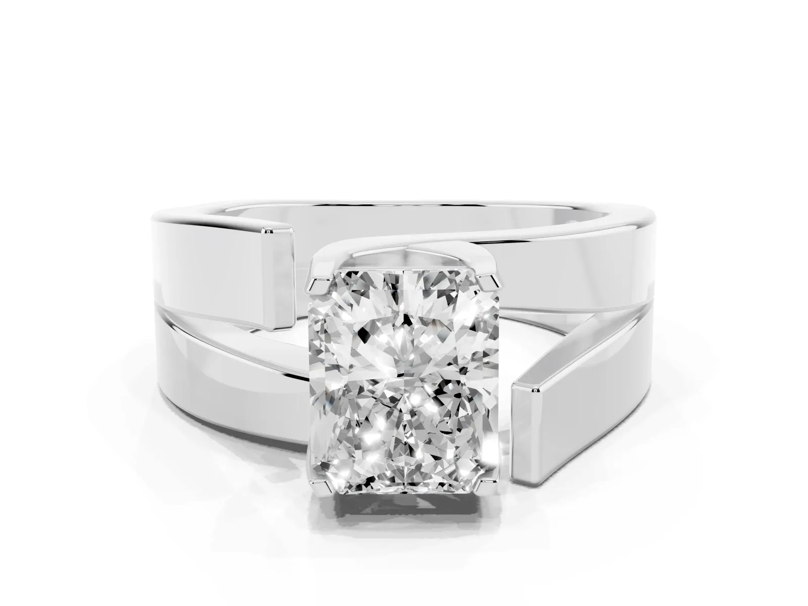 Modern Tension Set Radiant Cut Diamond Solitaire Wide Band Ring White gold