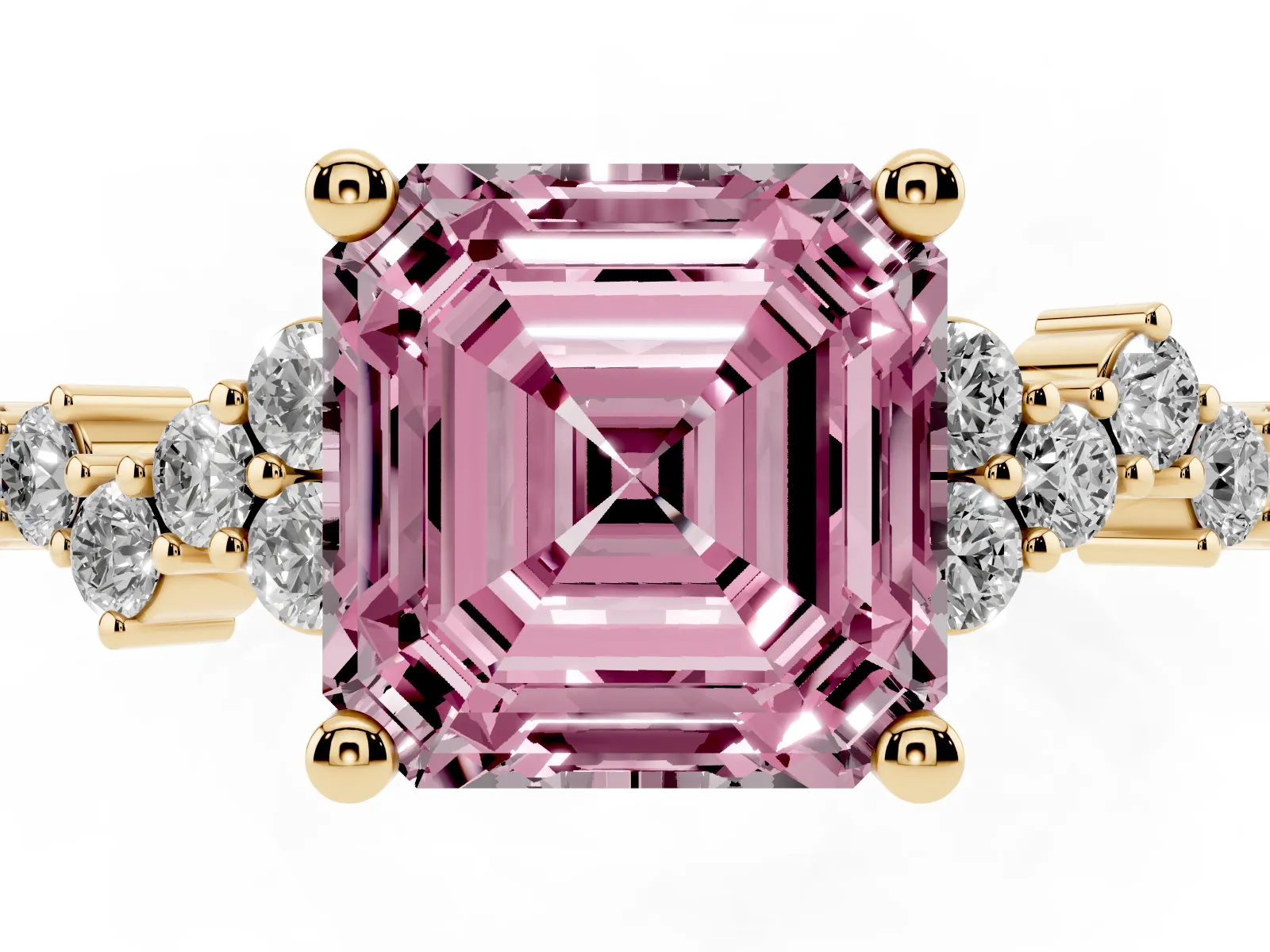 Fancy Pink Asscher Cut Diamond Scattered Round Accent Ring with Prong Setting Yellow gold
