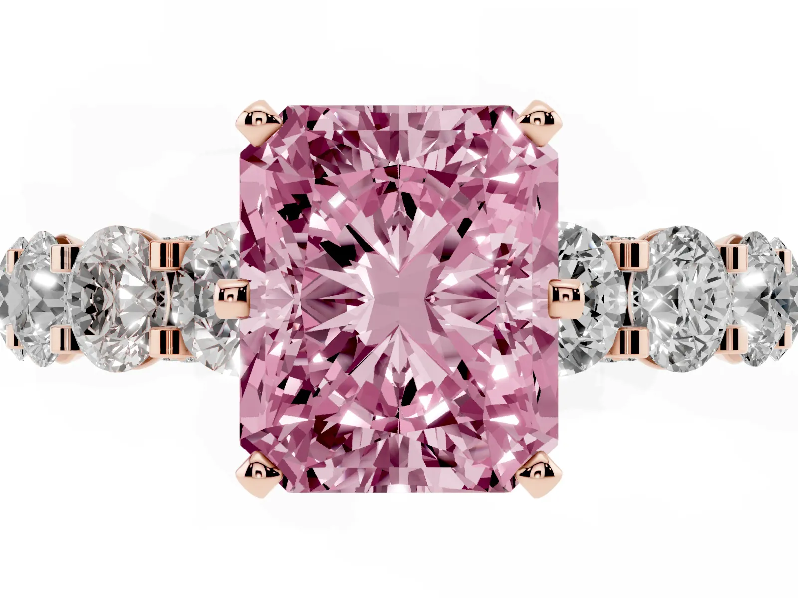 Fancy Pink Radiant Cut Diamond Side Stone Engagement Ring with Four-Prong Setting Rose gold
