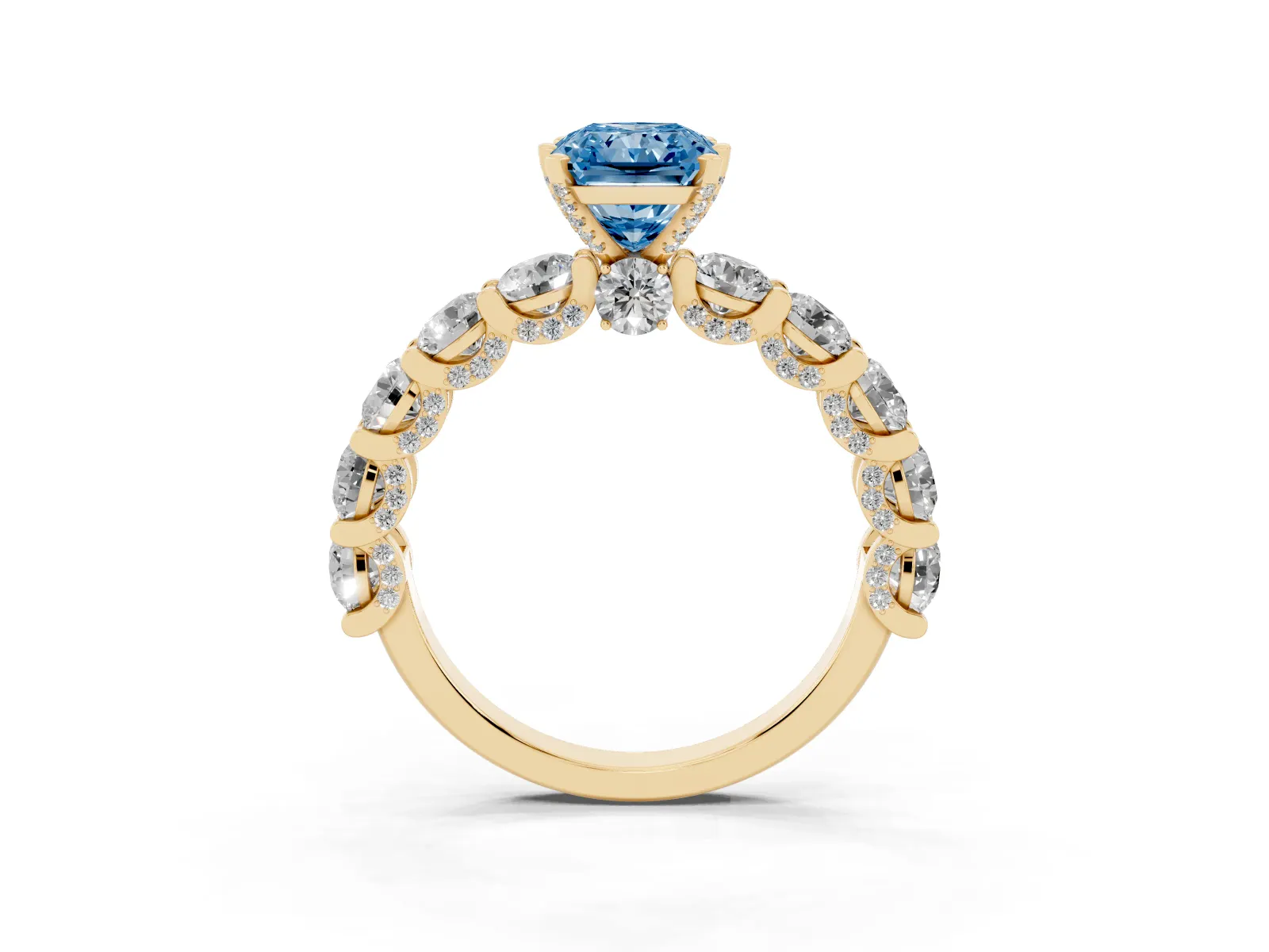 Fancy Blue Radiant Cut Diamond Side Stone Engagement Ring with Four-Prong Setting Yellow gold