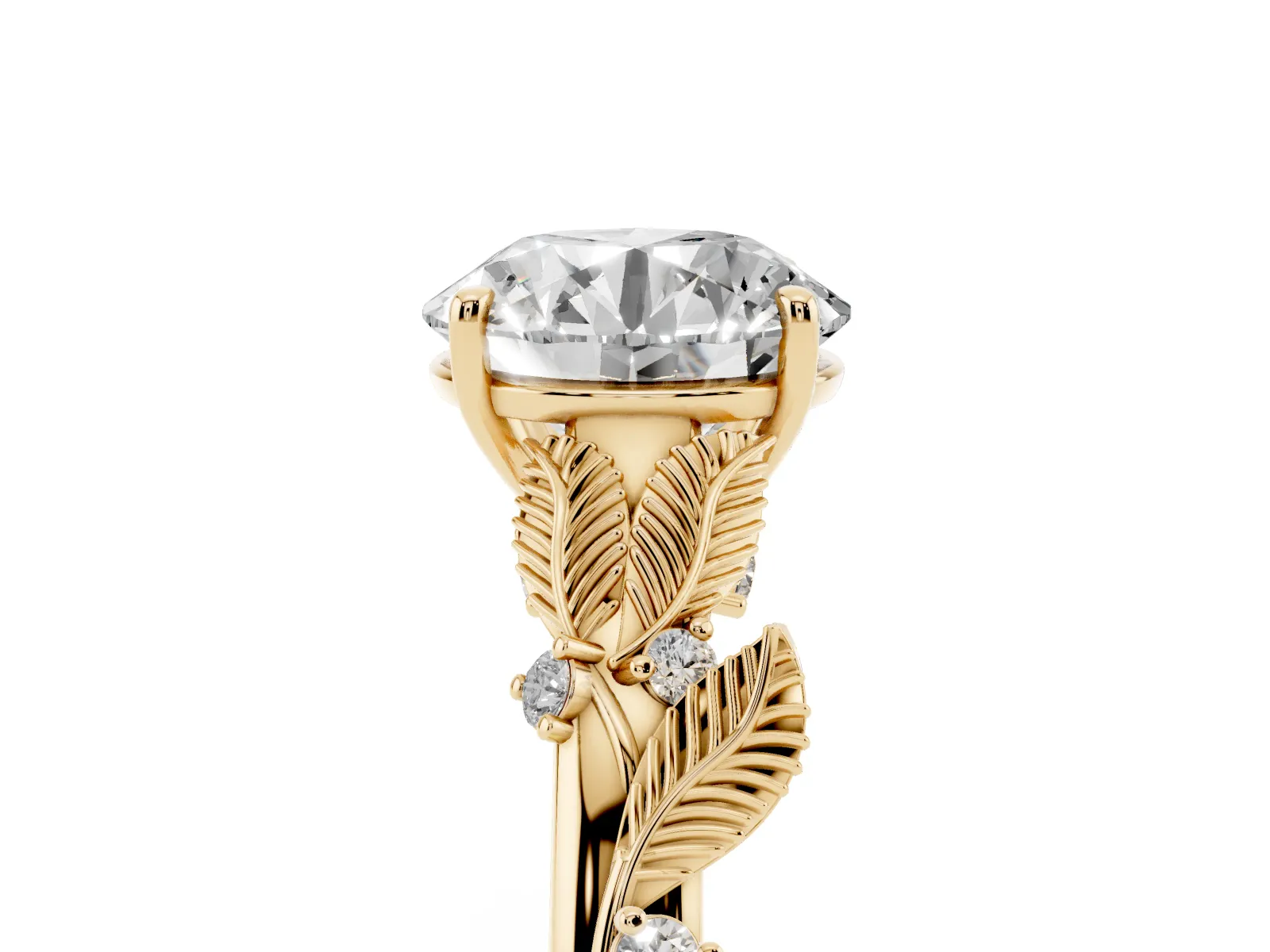 Round Cut Diamond Solitaire Ring with Leaf Motif Band and Four-Prong Setting Yellow gold