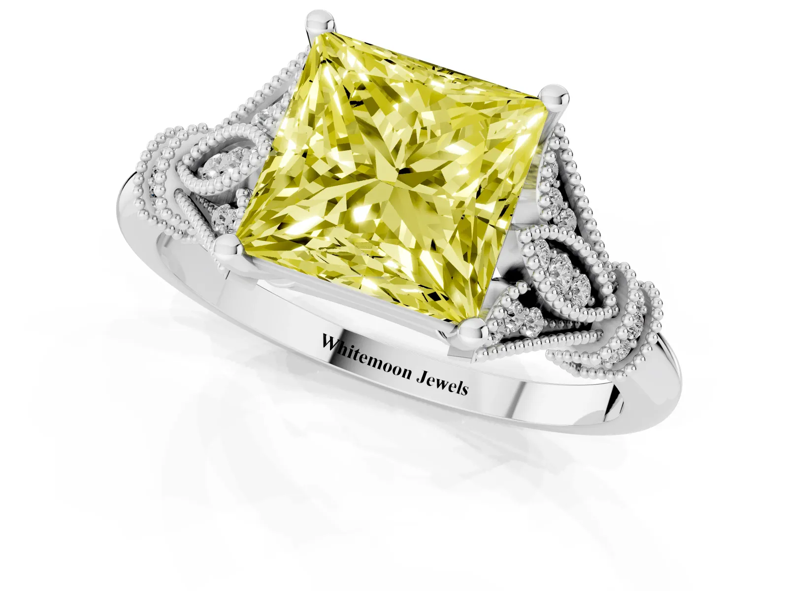 Fancy Yellow Princess Cut Diamond Solitaire Ring with Floral Filigree and Pave Accents Platinum