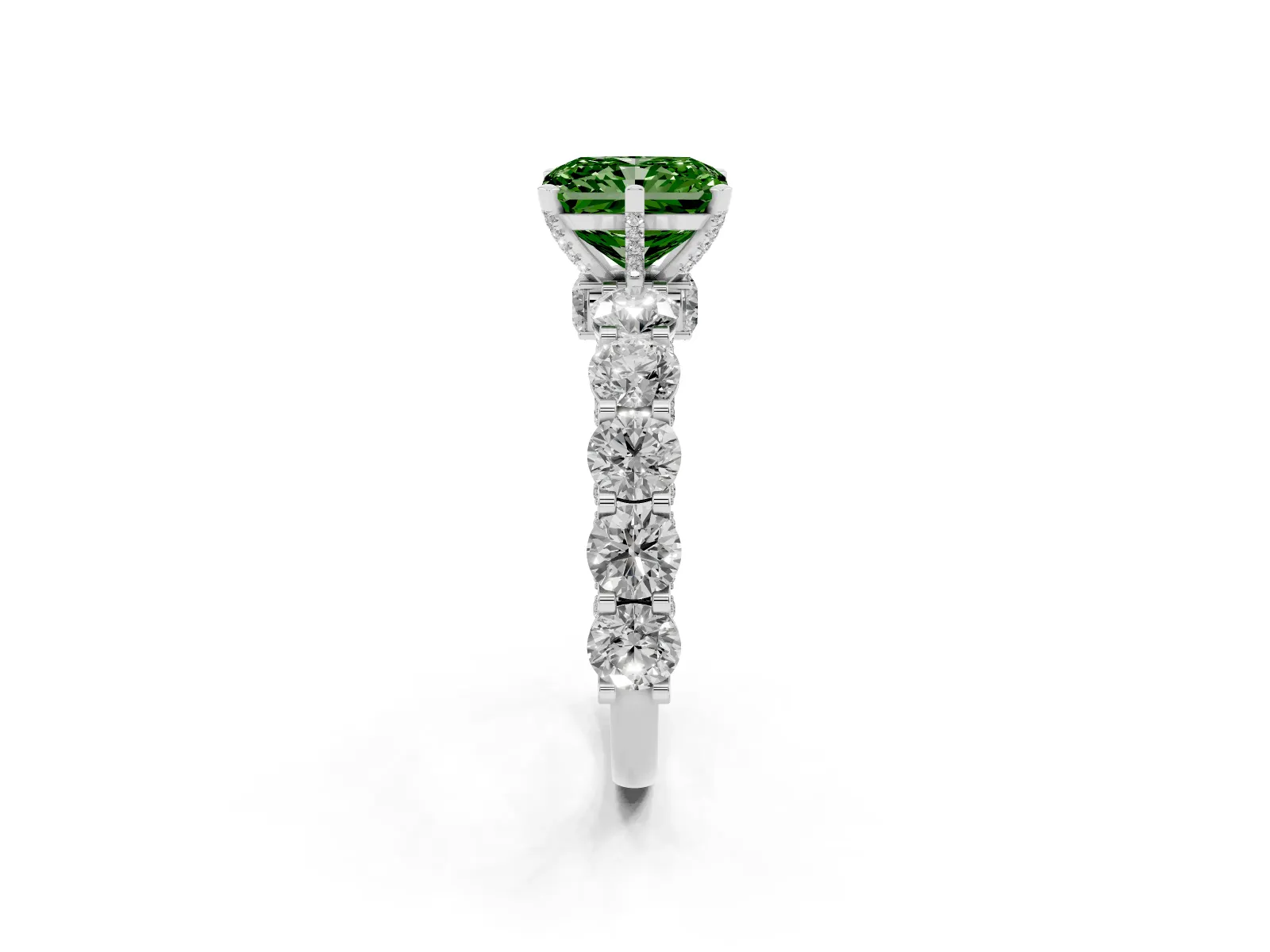 Fancy Green Radiant Cut Diamond Side Stone Engagement Ring with Four-Prong Setting Platinum