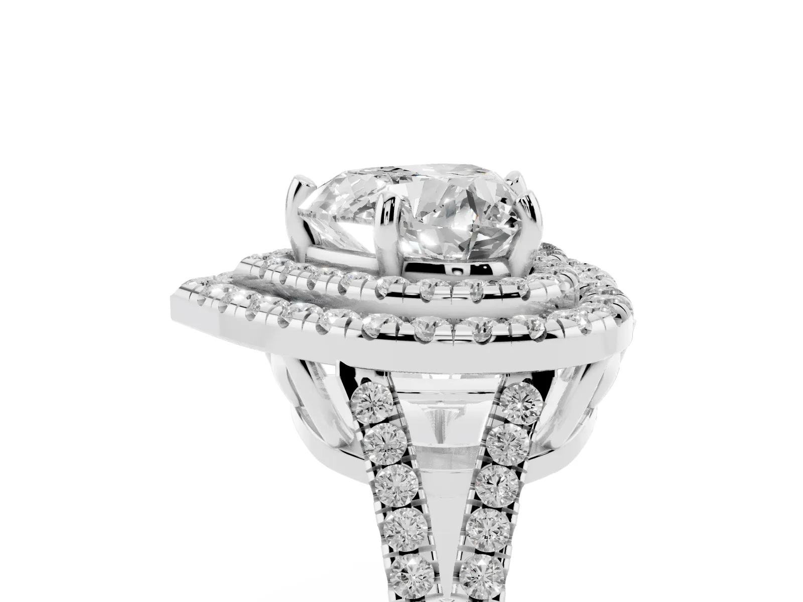 Heart Cut Diamond Double Halo Ring with Pavé Band and Prong Setting Platinum