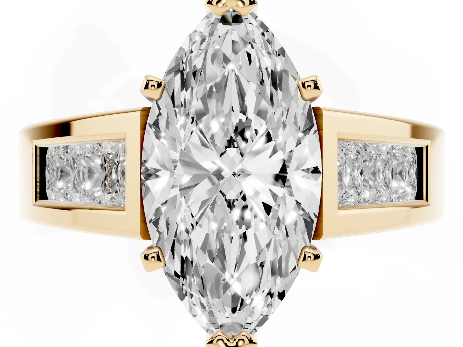 Marquise Cut Cut Channel Set Solitaire Ring with Four-Prong Setting Yellow gold