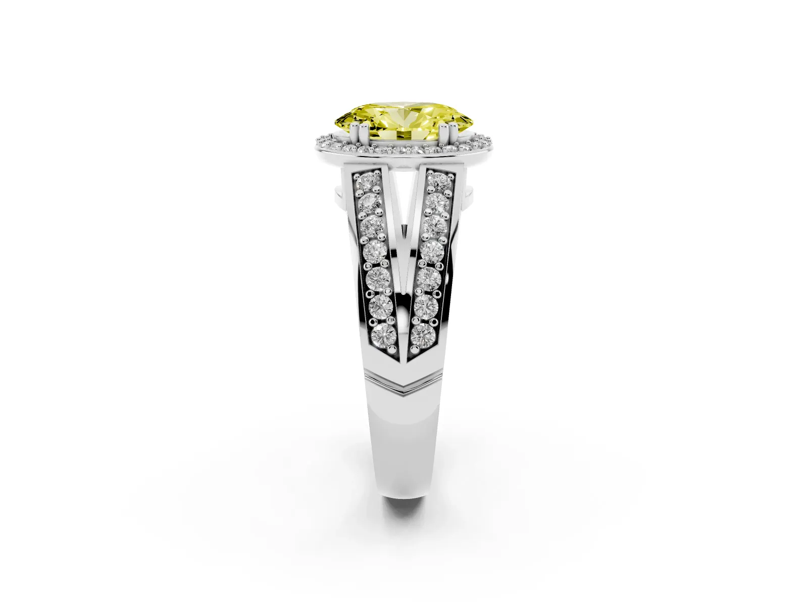 Fancy Yellow Oval Cut Diamond Halo Ring with Split Shank Pavé Band and Four-Prong Setting White gold