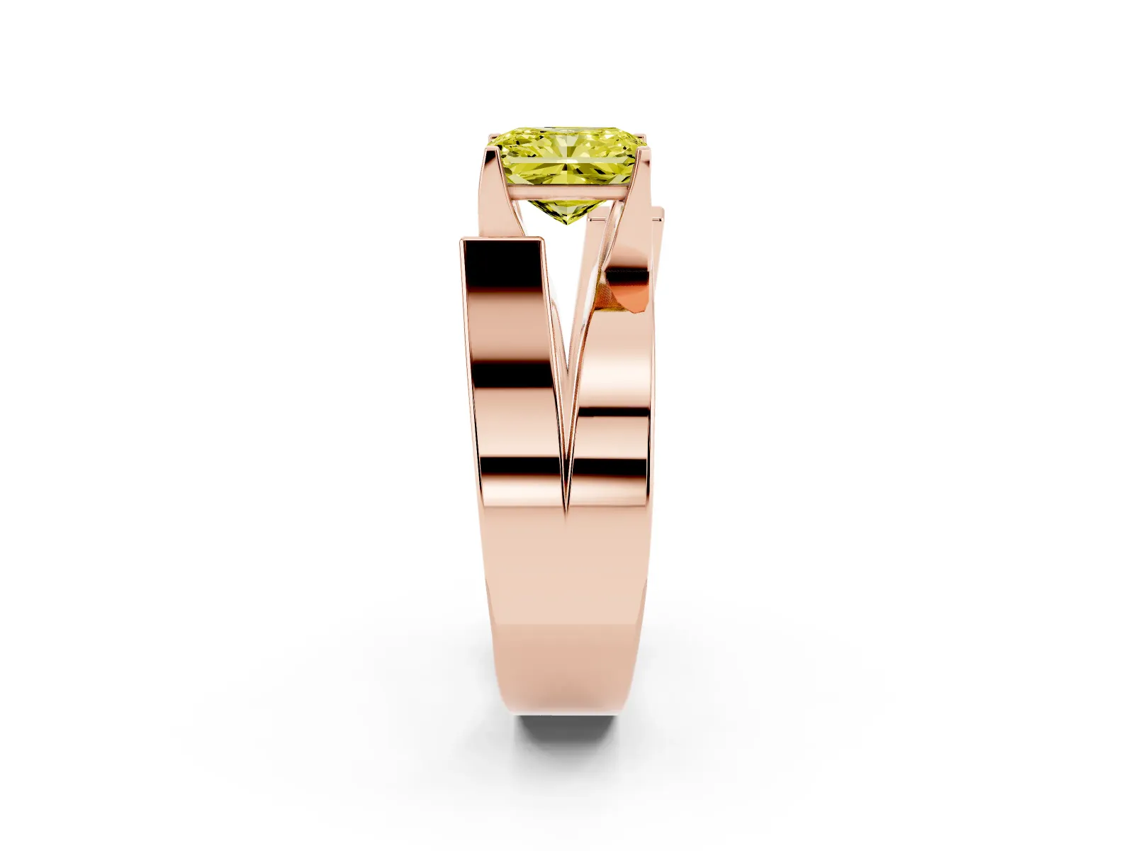 Fancy Yellow Modern Tension Set Radiant Cut Diamond Solitaire Wide Band Ring Rose gold