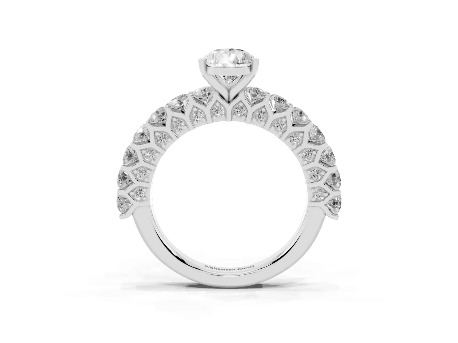 Pear Cut Diamond Solitaire Ring with Shared Prong Pavé Band and Four-Prong Setting White gold