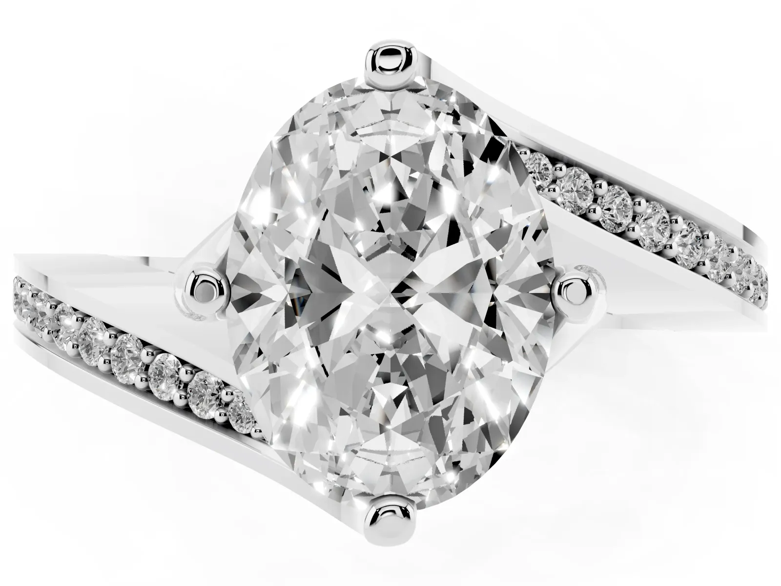 Oval Cut Solitaire Diamond Twist Band with Pavé Setting and Four-Prong Setting Platinum