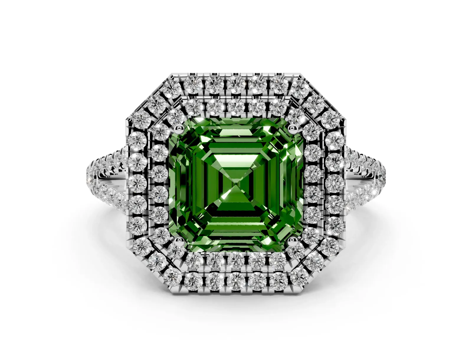 Fancy Green Asscher Cut Diamond Double Halo Ring with Pavé Band and Prong Setting Platinum
