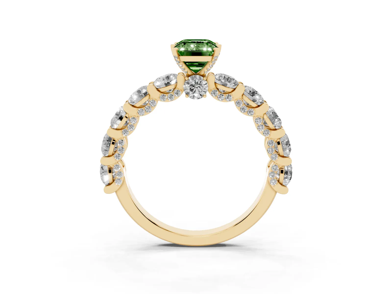 Fancy Green Emerald Cut Diamond Side Stone Engagement Ring with Four-Prong Setting Yellow gold