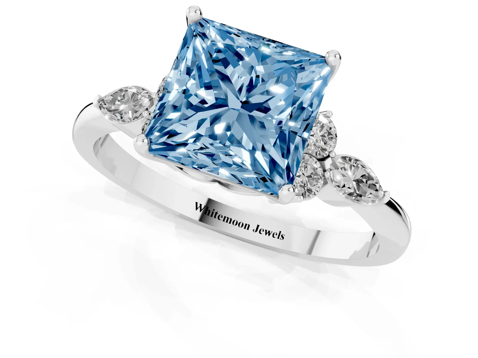 Fancy Blue Princess Cut Brilliant Diamond Solitaire Ring with Pear Side Stones and Four-Prong Setting Platinum