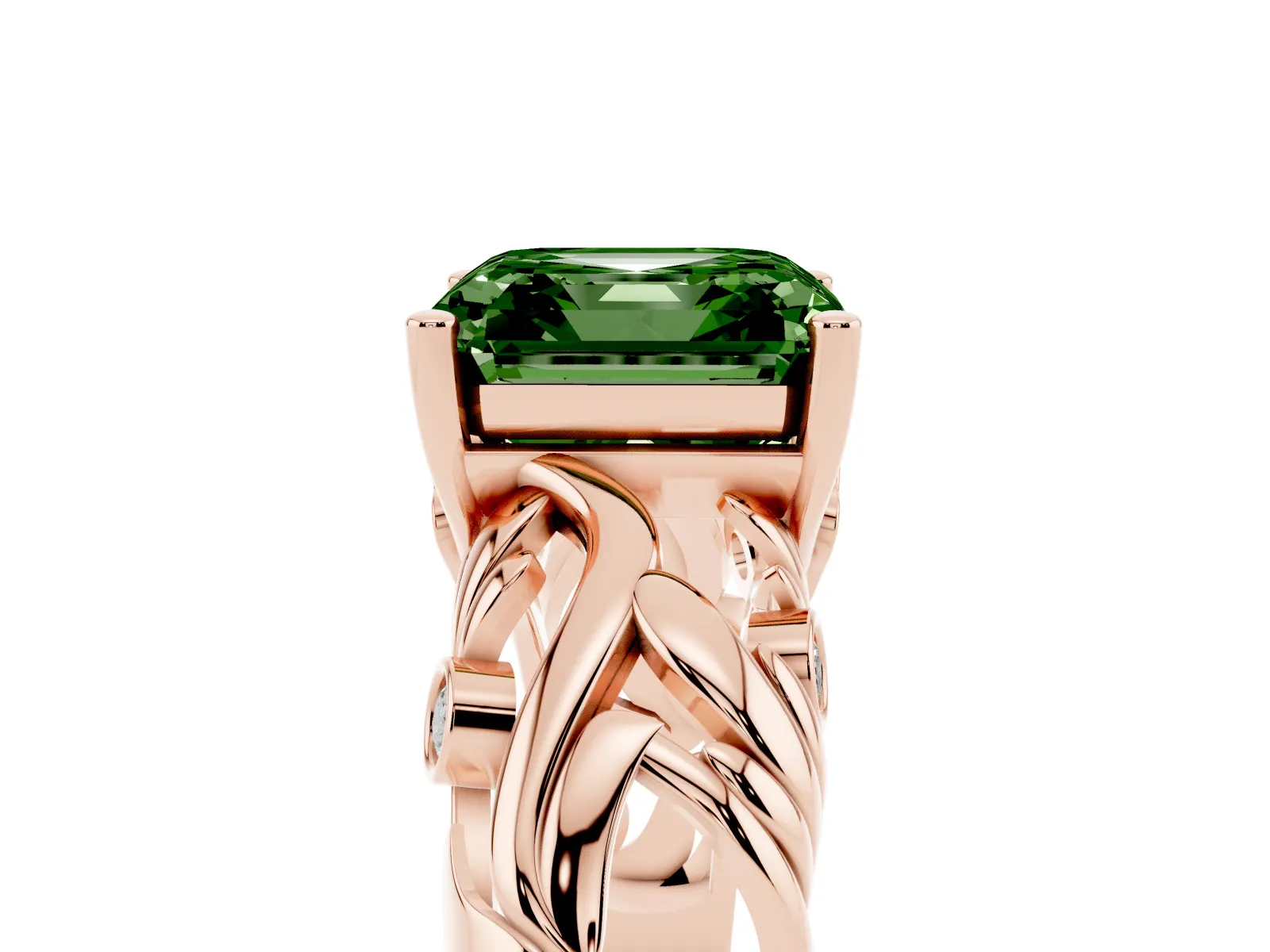 Fancy Green Asscher Cut Solitaire Diamond Leaf-Inspired Vine Band Ring with Prong Setting Rose gold