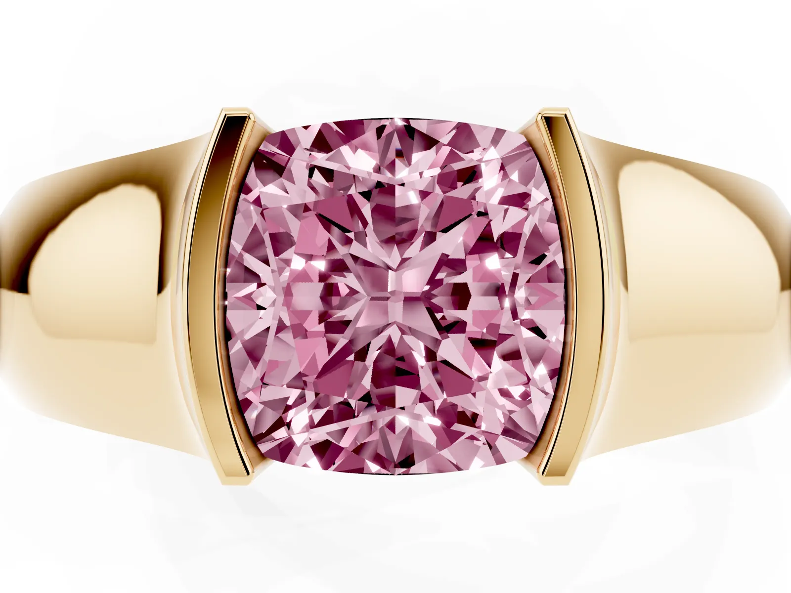 Fancy Pink Cushion Cut Solitaire Bezel Set Diamond Ring with Wide Band Yellow gold
