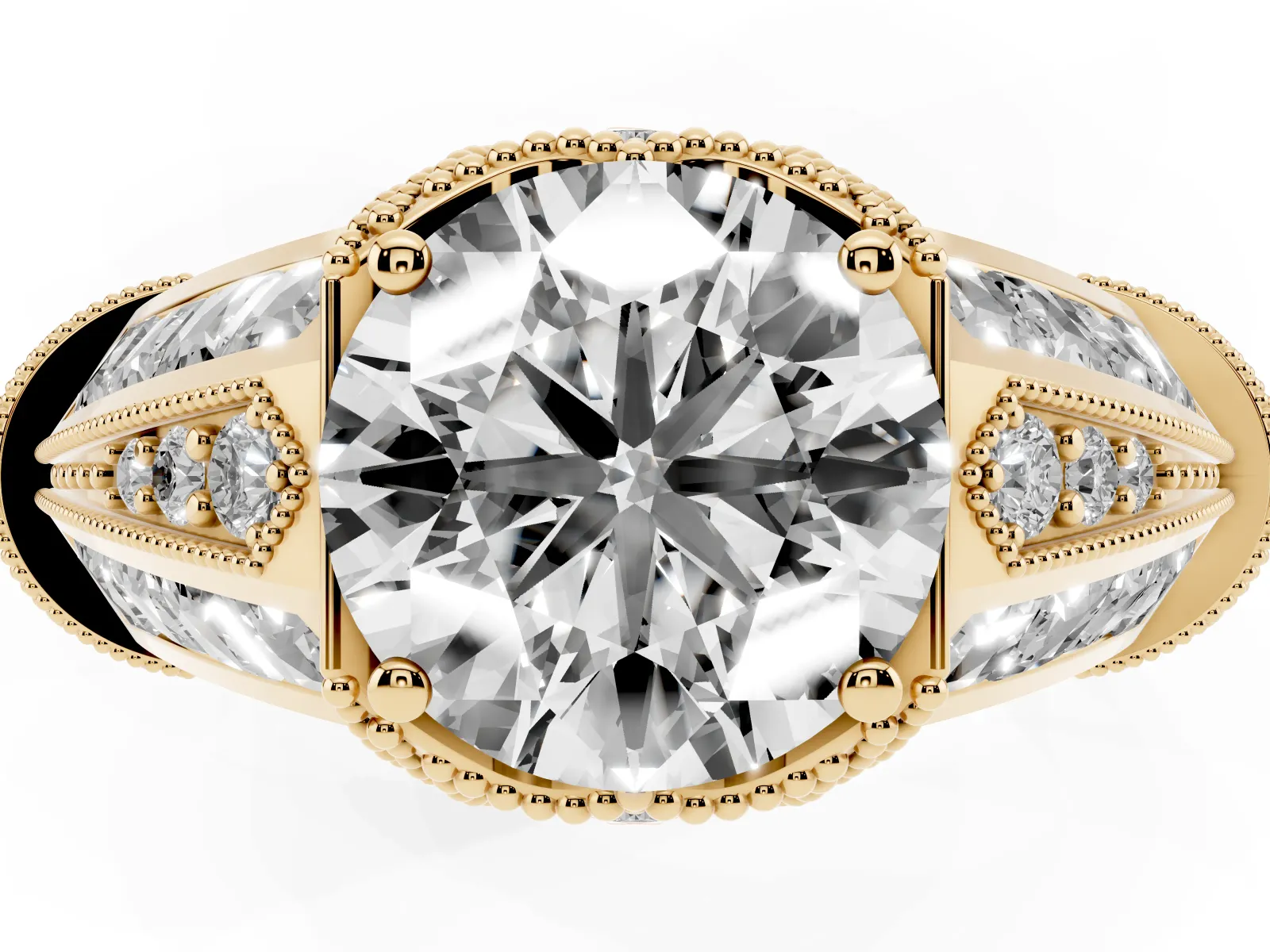 Vintage Milgrain Round Cut Diamond Split Shank Ring with Prong Setting Yellow gold