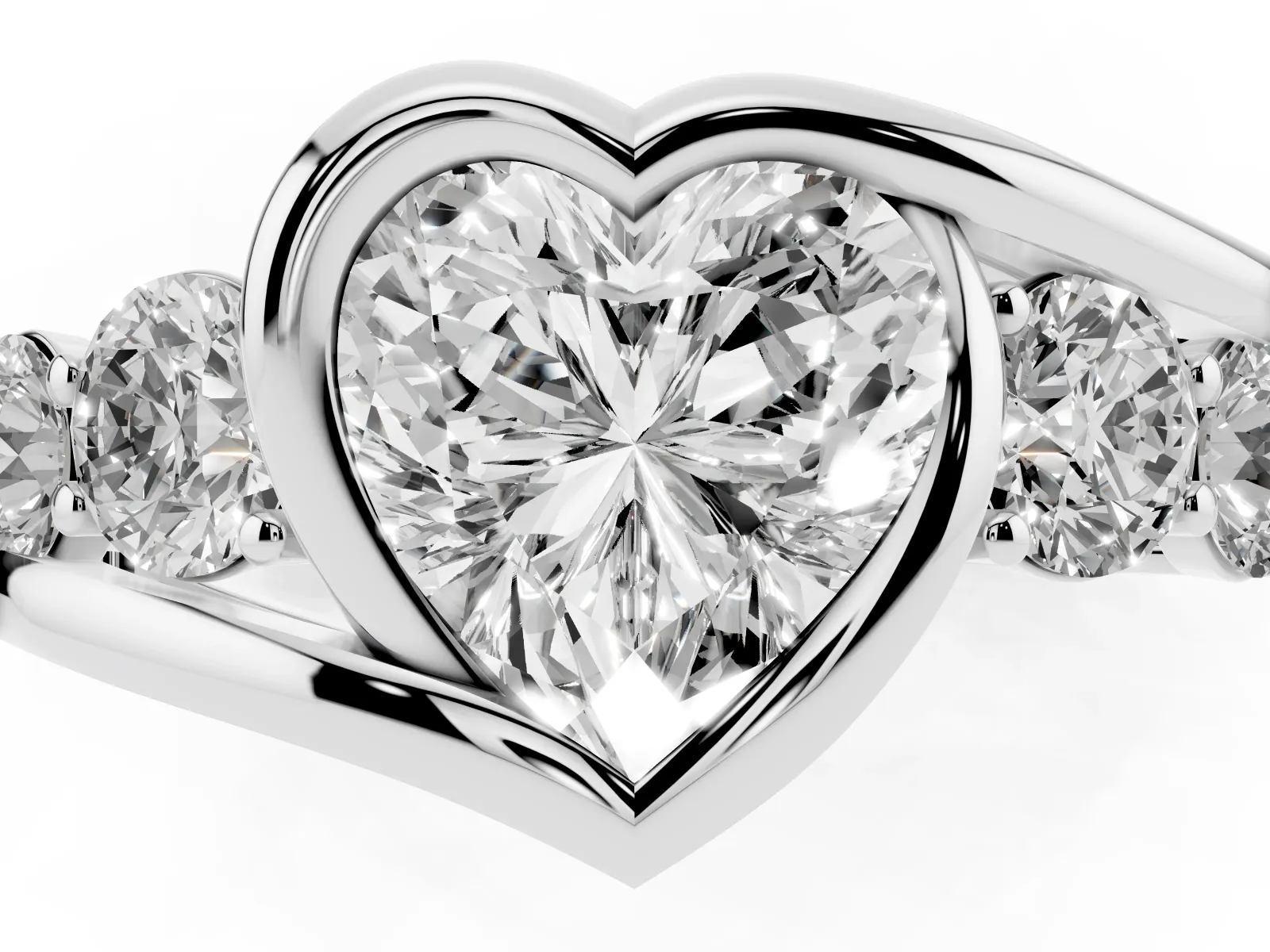 Bezel Set Heart Cut Diamond Bypass Ring with Round Accents Platinum