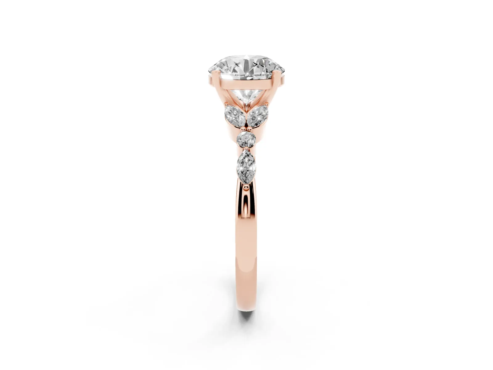 Round Cut Diamond Solitaire Ring with Side Stones and Four-Prong Setting Rose gold