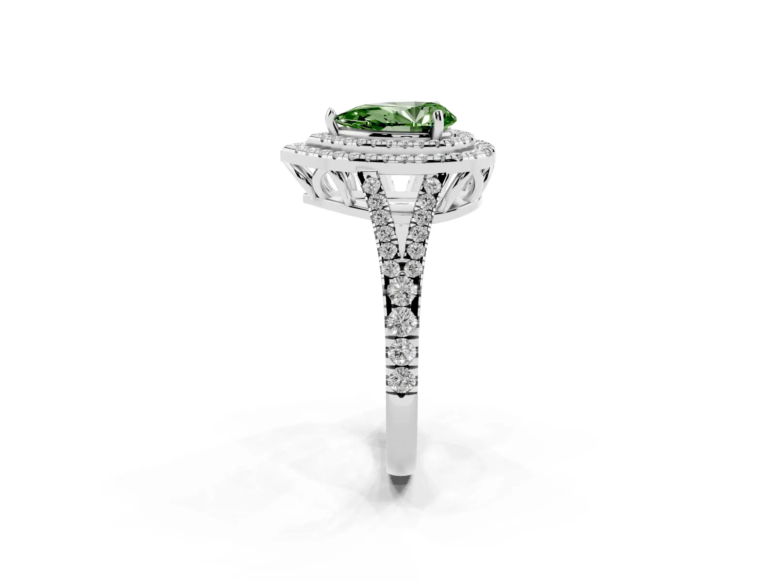 Fancy Green Pear Cut Diamond Double Halo Ring with Pavé Band and Prong Setting Platinum