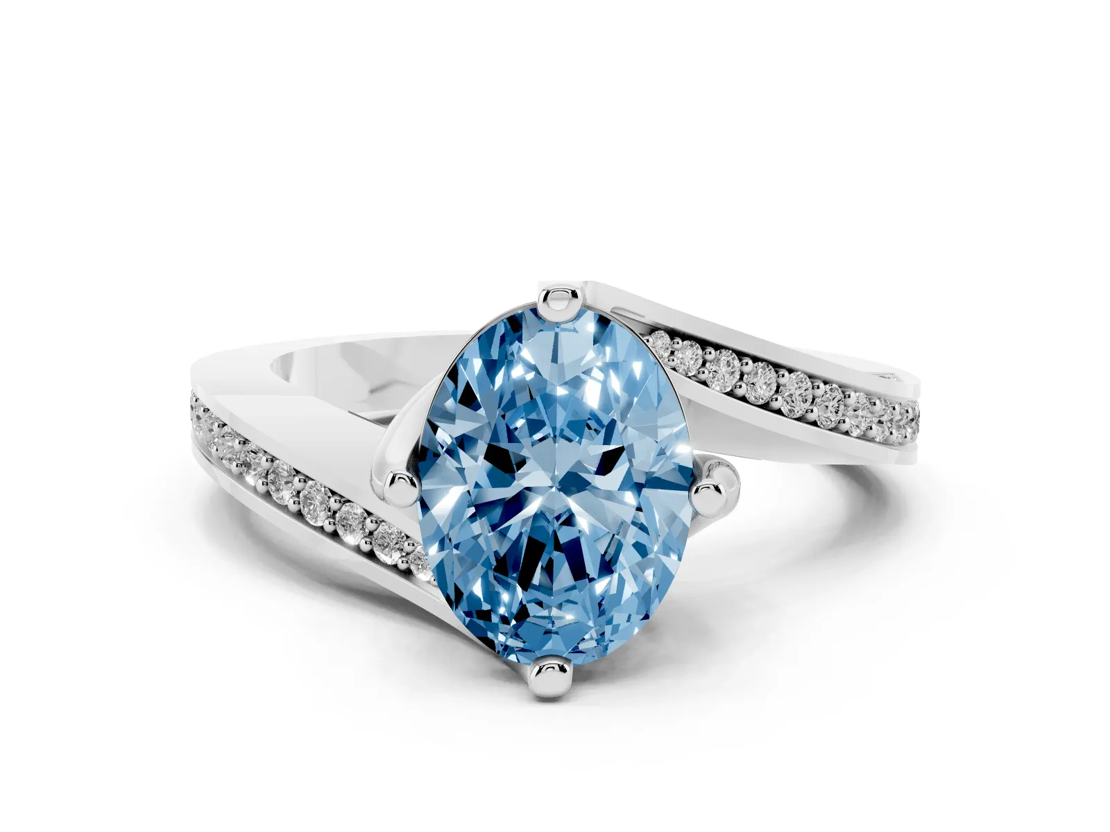 Fancy Blue Oval Cut Solitaire Diamond Twist Band with Pavé Setting and Four-Prong Setting Platinum