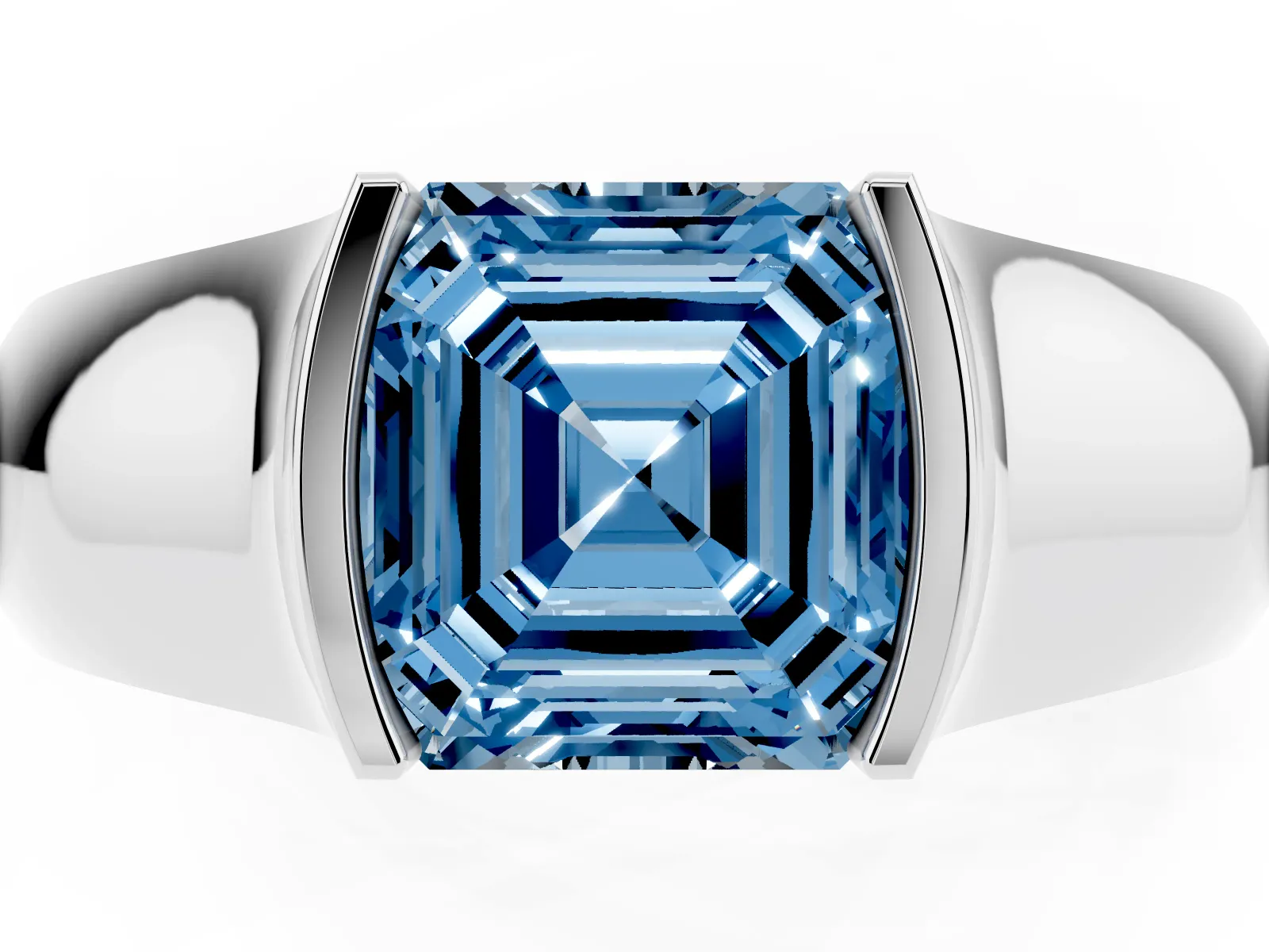 Fancy Blue Asscher Cut Solitaire Bezel Set Diamond Ring with Wide Band Platinum