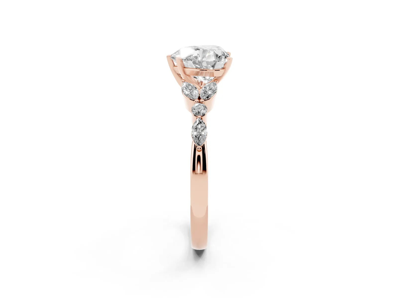 Heart Cut Diamond Solitaire Ring with Side Stones and Four-Prong Setting Rose gold